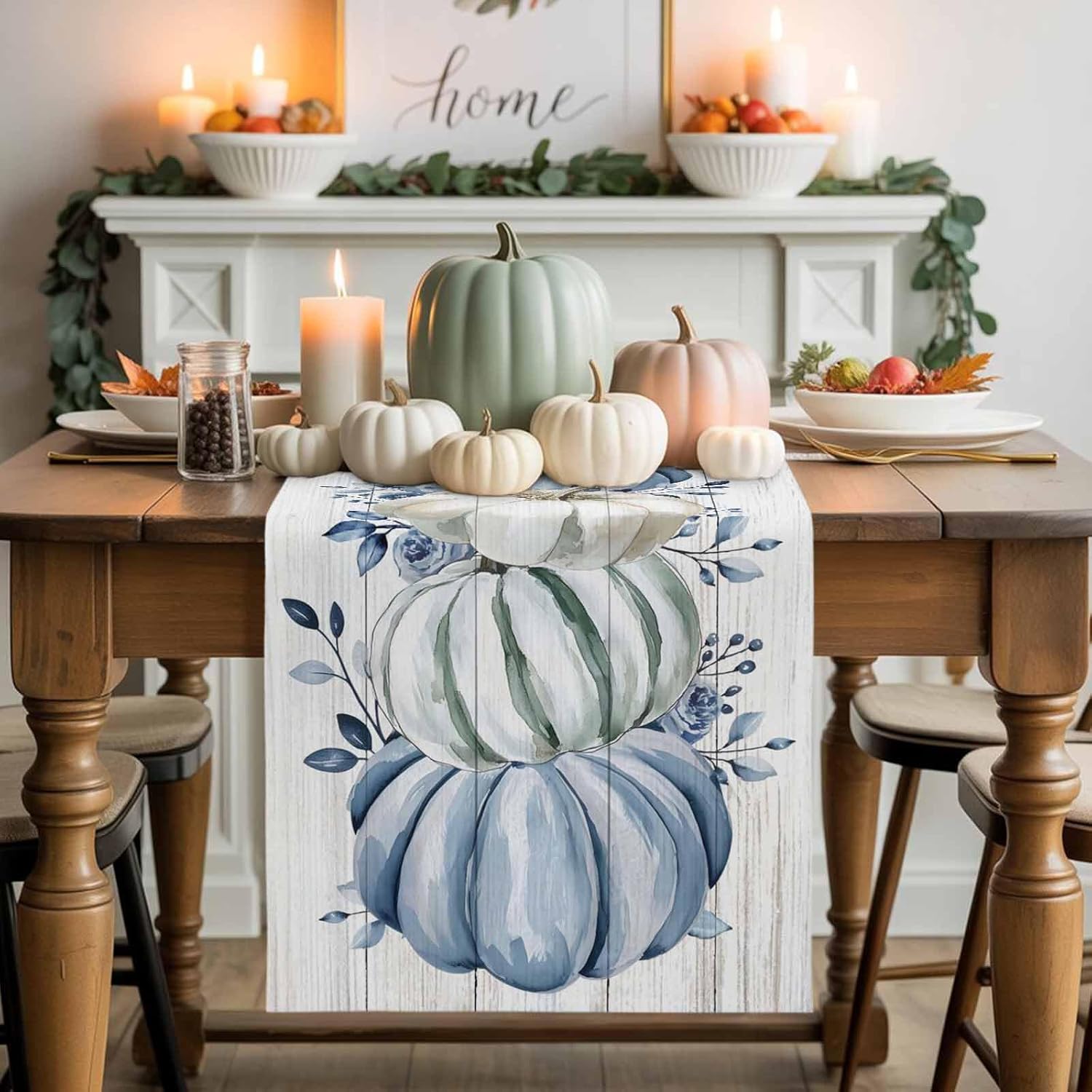 Fall Table Runner Blue Pumpkin Table Runners Harvest Thanksgiving White Blue Pumpkins Wooden Cotton Linen Dresser Scarf Kitchen Dining Table Decor for Autumn Holiday Party Coffee 13x108 Inch