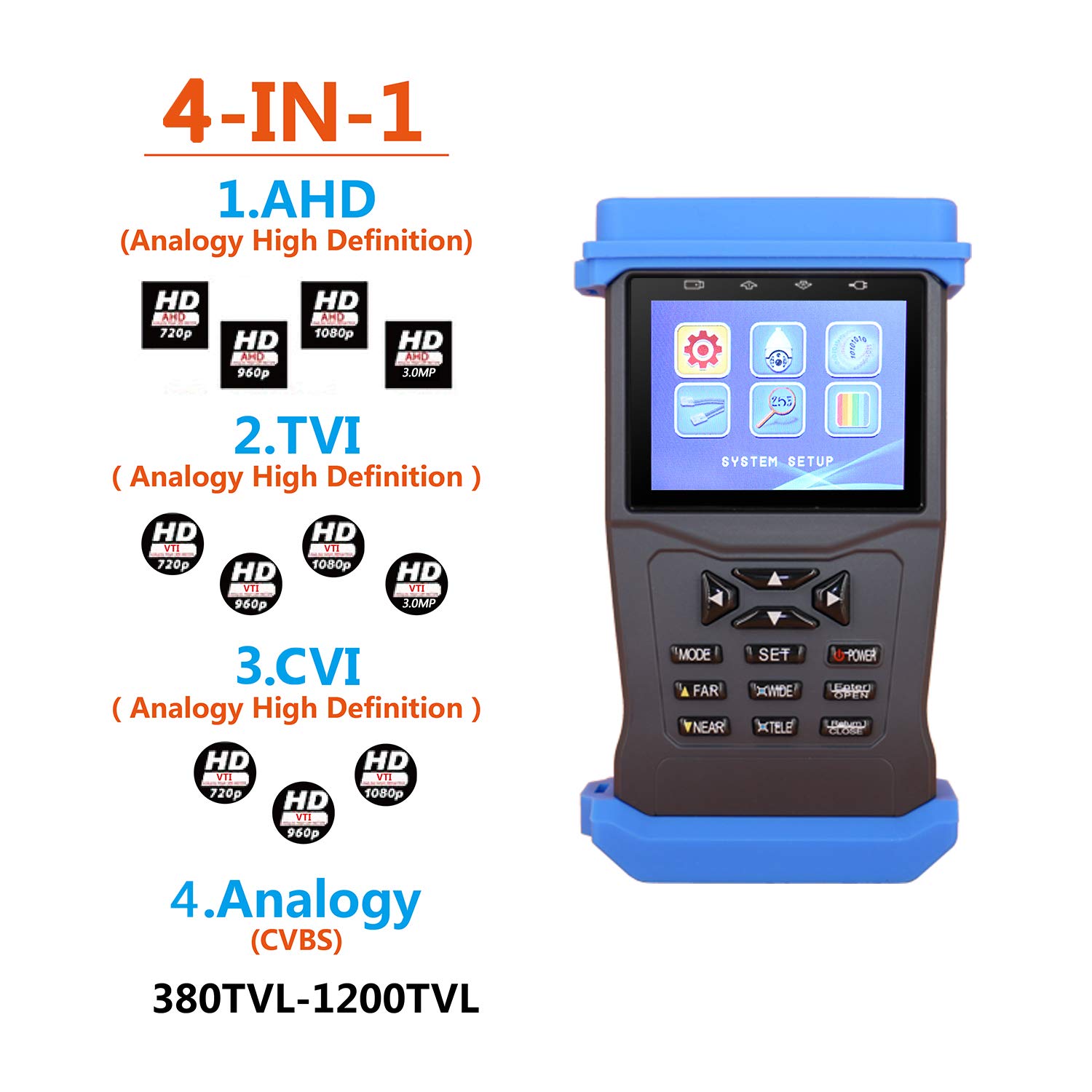 CCTV Tester, Security Camera Monitor for TVI CVI AHD Analogy Camera  Test,Video Audio PTZ Control,5MP, RS485 UTP Security Tester Supply 12V /1A  Output
