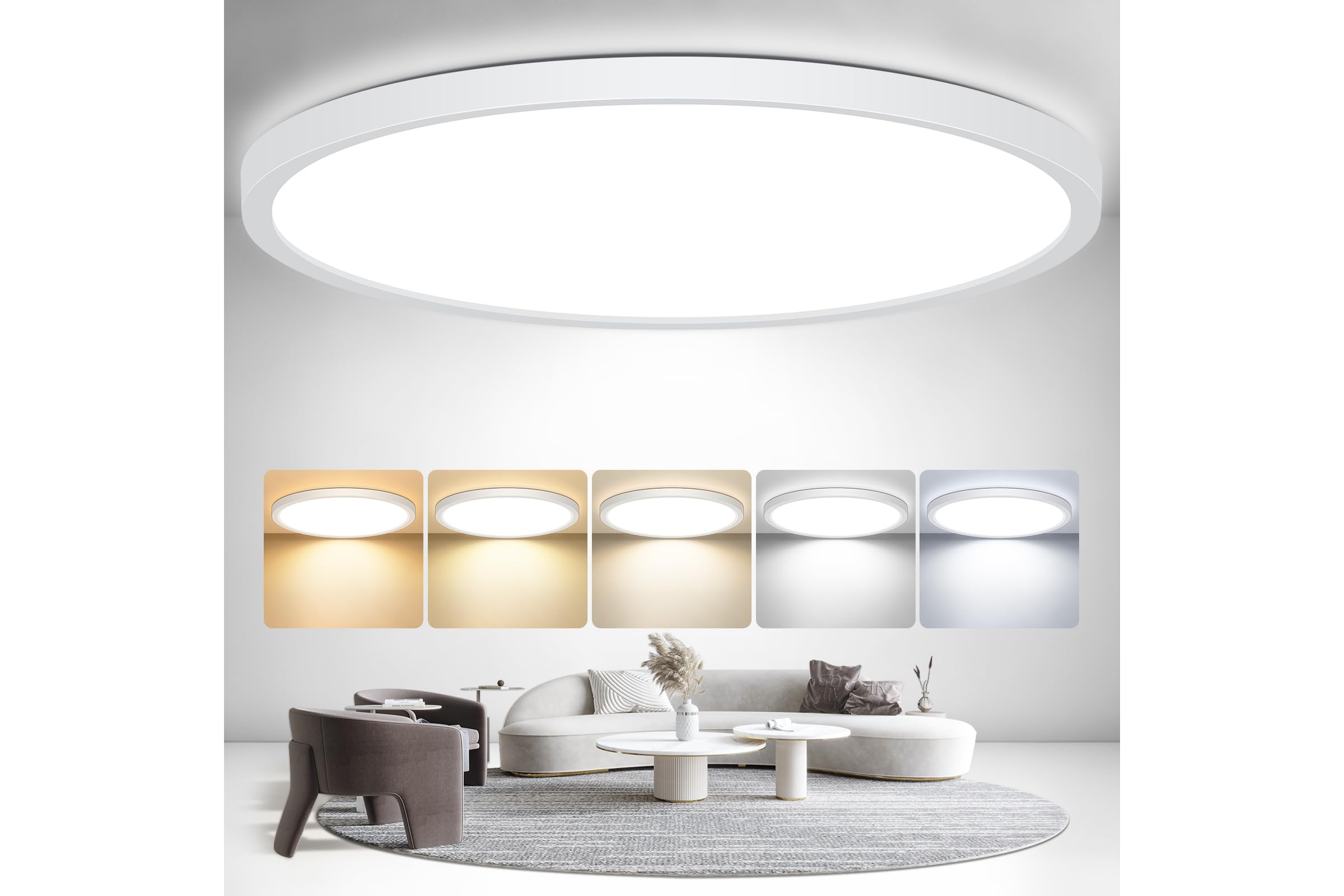 Mugust 30CM Plafonnier LED, 5 Couleurs Lampe Plafond, 24W 2400LM, Moderne, Rond, IP44 Etanche Plafonnier Salle de Bain pour Cuisine, Chambre, Cuisine, Salon, Balcon, Bureau, Porche (1)