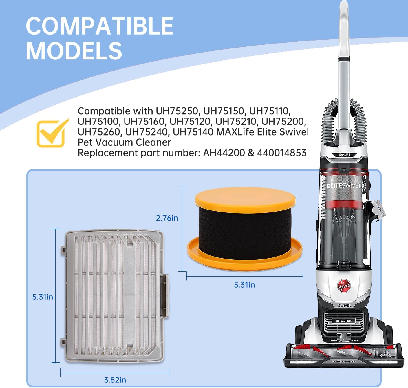 Replacement Filters Compatible with Hoover MAXLife Elite Swivel Vacuum Cleaner - UH75150, UH75110, UH75100, UH75240, UH75140 Compare to Part AH44200 & 440014853-2 Pre-Motor Filters+2 Exhaust Filters