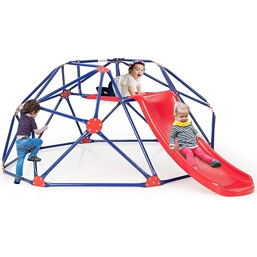 Olakids Climbing Dome with Slide, Kids Outdoor Jungle Gym Geometric Dome Climber, Steel Frame, 8FT Climb Structure Backyard Playground Center Equipment for Toddlers