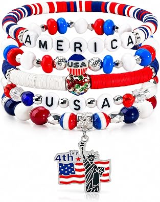 4th of July Bracelets for Women, 5Pcs Patriotic Stackable Beaded Bracelets, Red White and Blue USA Flag Bracelet Set with Statue of Liberty Charm, Independence Day Jewelry Party Favors