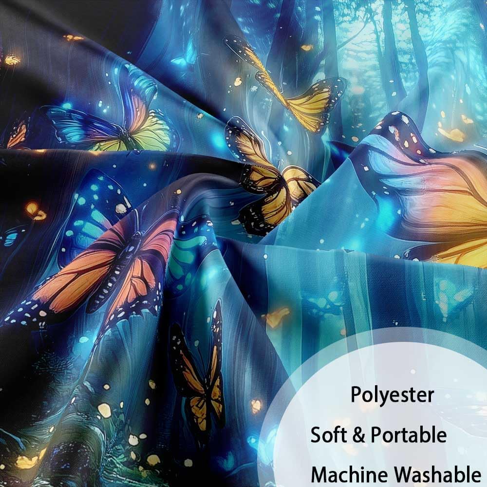 Blue Enchanted Forest Shower Curtain Magic Fairy Tale Gemstone Blue Forest Cute Butterfly Shower Curtain for Bathroom, Fantasy Nature Fabric Cloth Waterproof Bathroom Curtain with Hooks