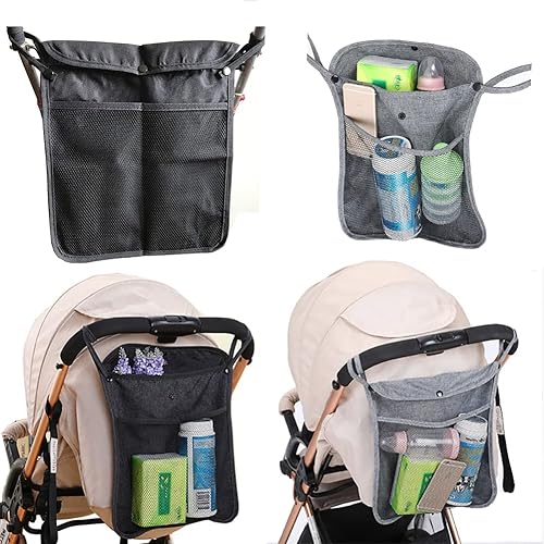 Miniatura 6 de Paquete de 2 organizadores para cochecito de bebé con dos compartimentos, bolsillo frontal de malla para almacenamiento de pañales de biberón, se