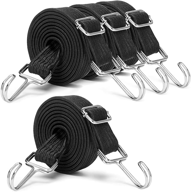 INCETUE Adjustable Bungee Cords With Hooks Set, 4 Pack 2M Extra Long Flat Elasticity Rope, Large Heavy Duty Rubber Elastic Straps with Adjustment Metal Buckle, for Luggage & Moving Cargo (Black)