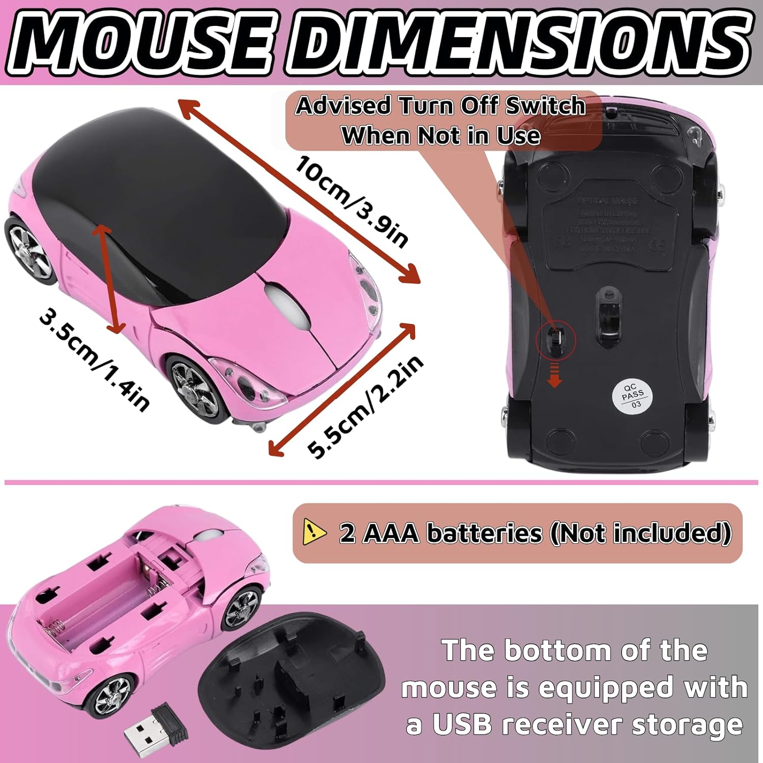 Pink Wireless Mouse，Mini Car Computer Mouse，1600DPI 2.4G Wireless with USB Receiver Wirelesss Car Mouses for Computer for PC, Laptop, Tablet Win XP/Vista/7/ME/2000/Mac OS for Womens Office Girls Gift