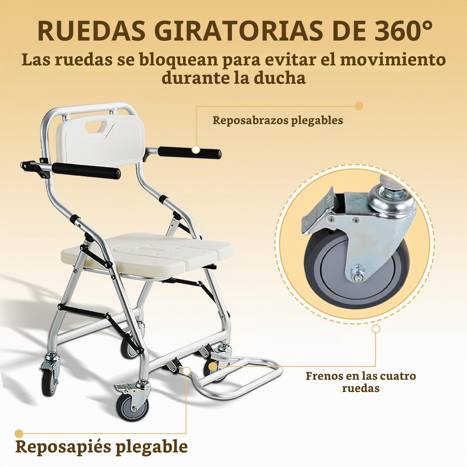 Silla de Ducha con Ruedas para Personas Mayores, Silla Plegable Ducha con Reposabrazos Reversibles, Silla con Ruedas para Ducha, Silla Baño Ancianos Ducha, Capacidad de Carga 120kg