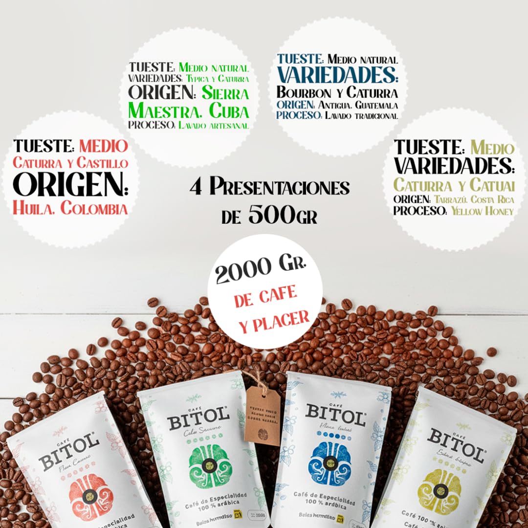 Kit de Iniciación + Itálica BITOL 4 Cafés de Especialidad 100% Arábica (Colombia, Guatemala, Cuba y Costa Rica) 4 x 500 g + Molinillo Manual y Cafetera Moka | Notas de Caramelo y Frutos Secos