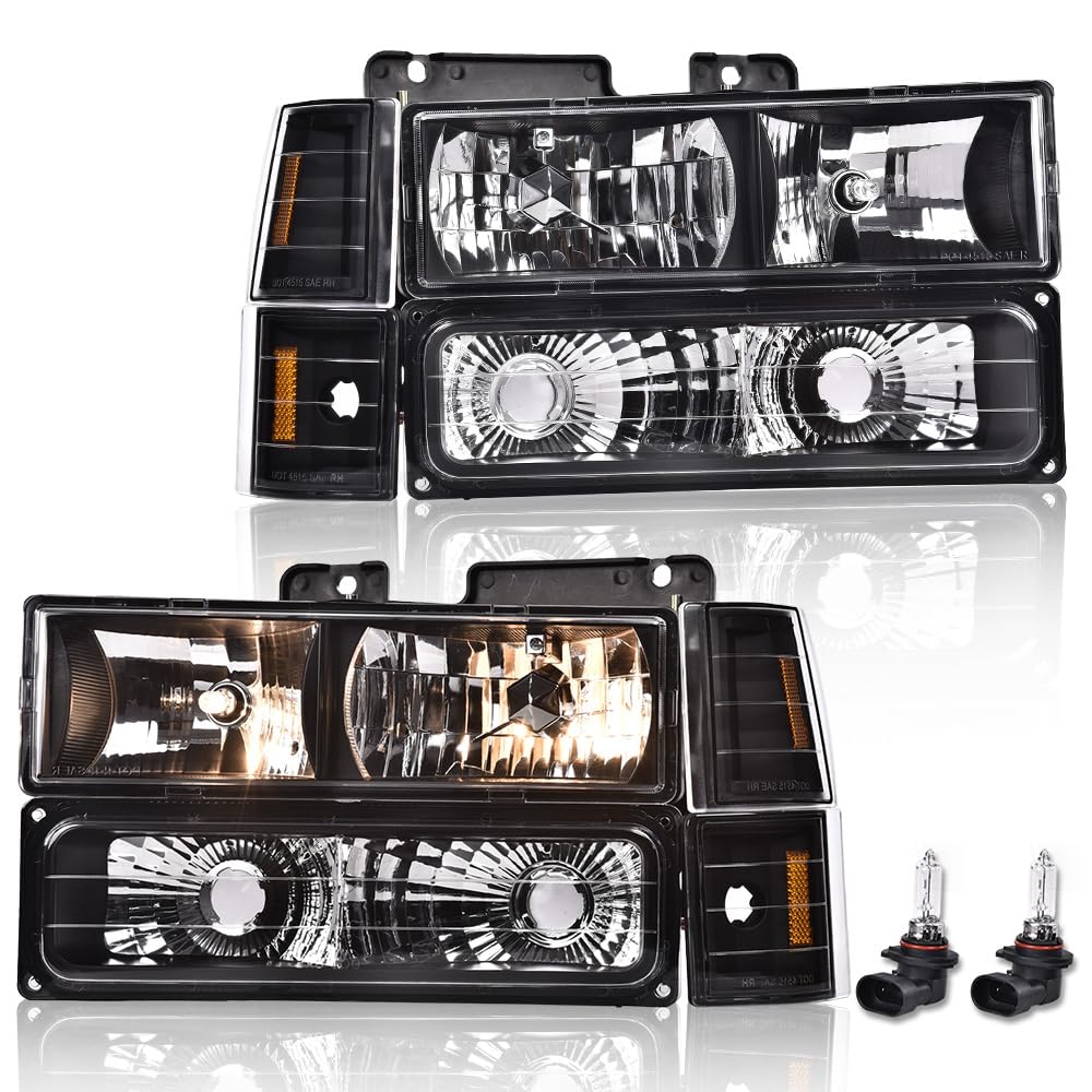 GRAND ORANGE Headlights Assembly, Compatible with GMC Sierra C/K Yukon 1500 2500 1994 1995 1996 1997 1998 Fit Chevy C/K C10 Suburban Corner HeadLamp（Clear lens Black Housing Amber Reflector）