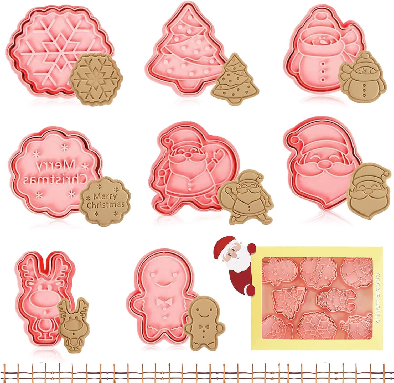 HUSAINI MART | 8 PC Christmas Cookie Cutter Set Plunger Cutter, Biscuit, Cookie,Brownie,Pastry,3D PRESSABLE Set, Gingerbread Man,Christmas Tree, Snowman,Santa Bells, Snowflake, (Pack of - 1)