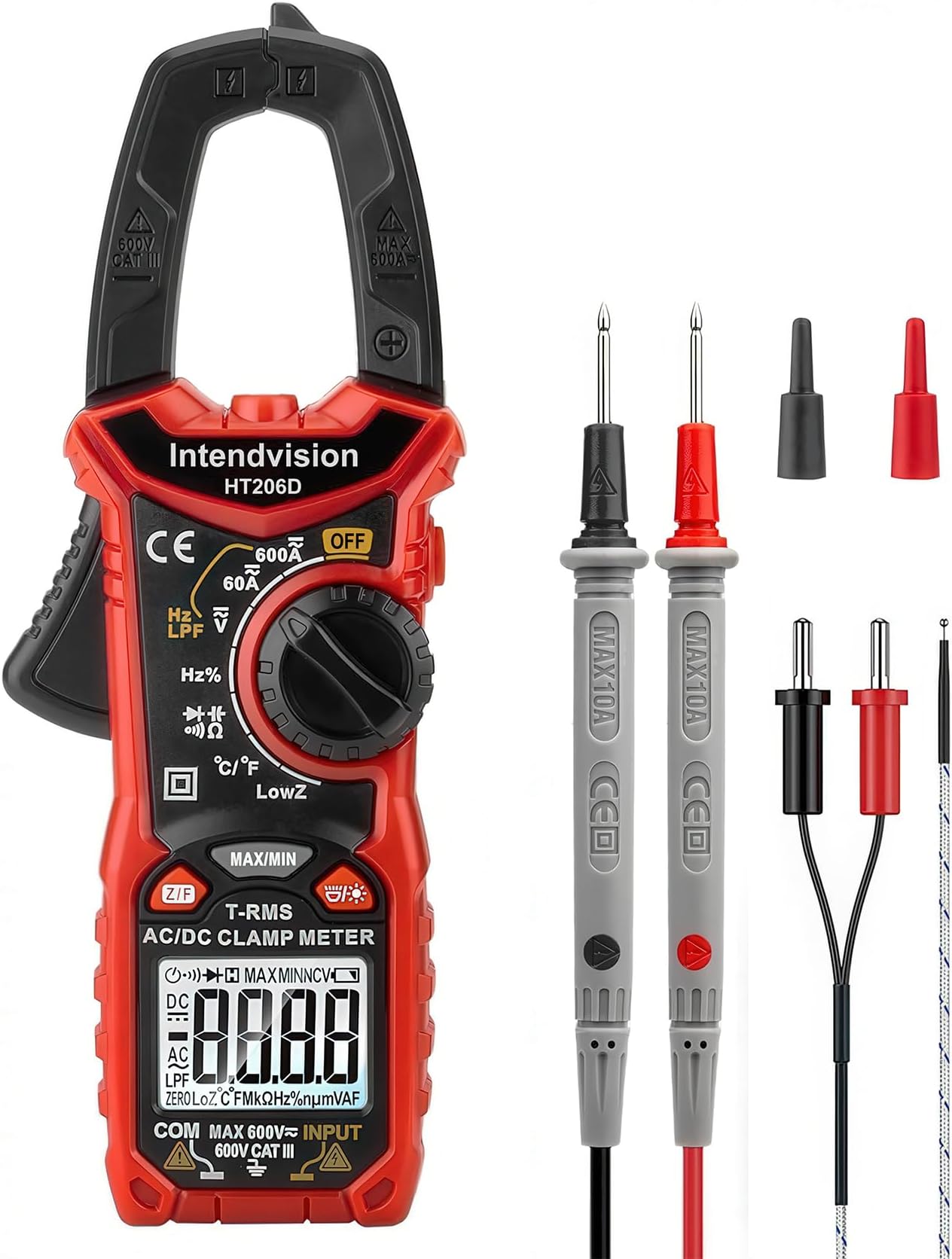 intendvision AC/DC Digital Clamp Meter T-RMS 6000 Counts, Multimeter Voltage Tester Auto-ranging, NCV AC DC Current Voltage Resistance Capacitance Frequency Diode Temperature Measure Tester HT206D