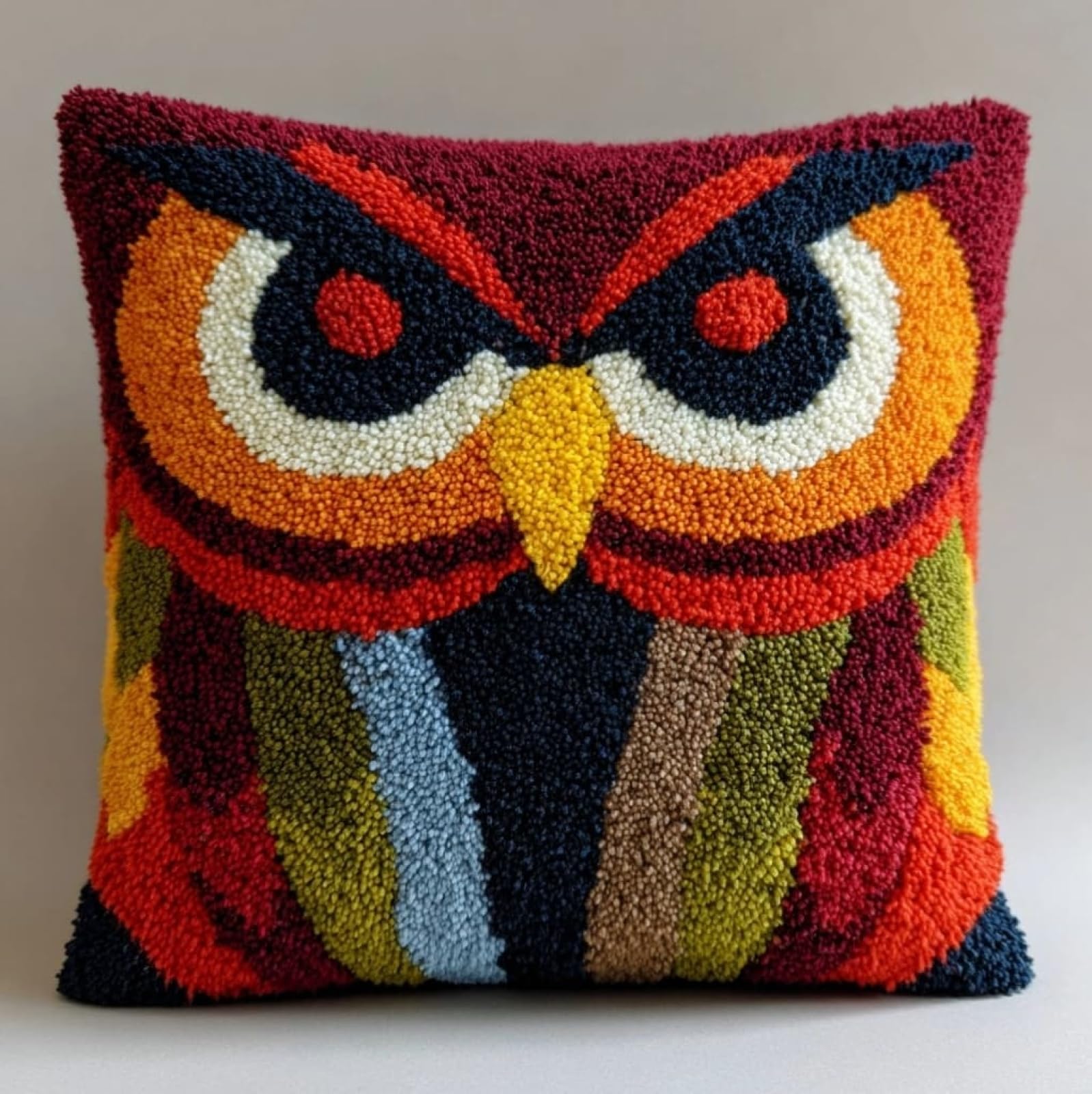 Henypt Premium Latch Hook Kit,Cartoon Owl 43x43cm DIY Sofa Pillow Cover,Printed Pattern Crochet Kit with Tools & Yarn for All Ages
