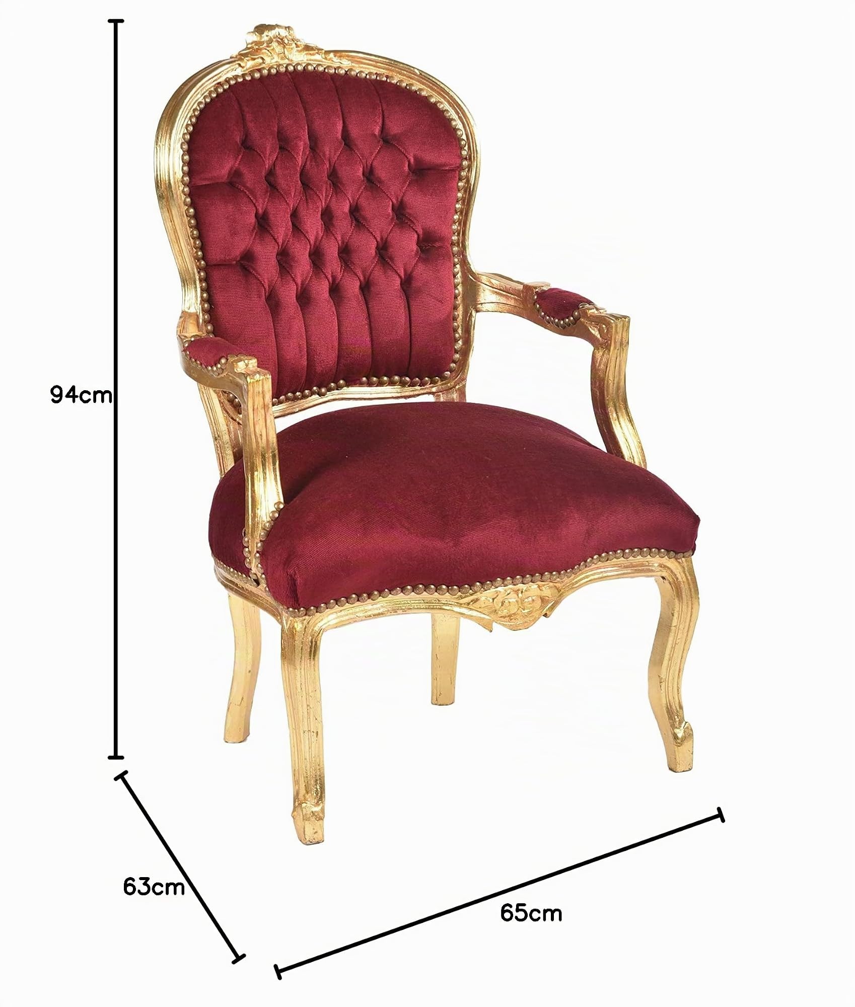 Way Home Store | Poltrona Barocco Luigi XVI Oro Foglia e Velluto Rosso – Stile Francese Elegante per Casa o Attività – Seduta Imbottita in Legno Laccato – Dimensioni 63x65x94 cm