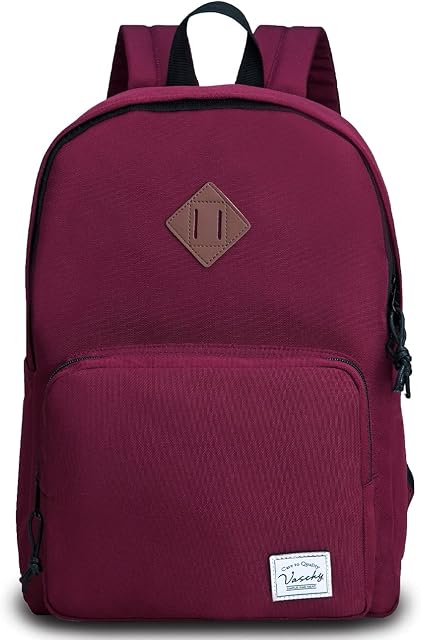 School Backpack, VASCHY Lightweight School Bag Casual Daypack for Men, Women, Boys and Girls Water Resistant Rucksack for Work, Travel, Sports with Two Bottle Pockets (Burgundy)