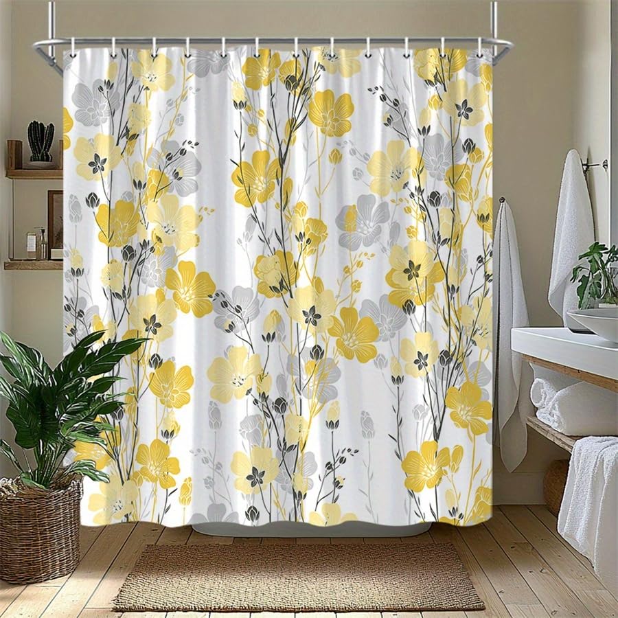 Rideau de douche imperméable anti-éclaboussures 150x190 cm à motif floral jaune et gris moderne