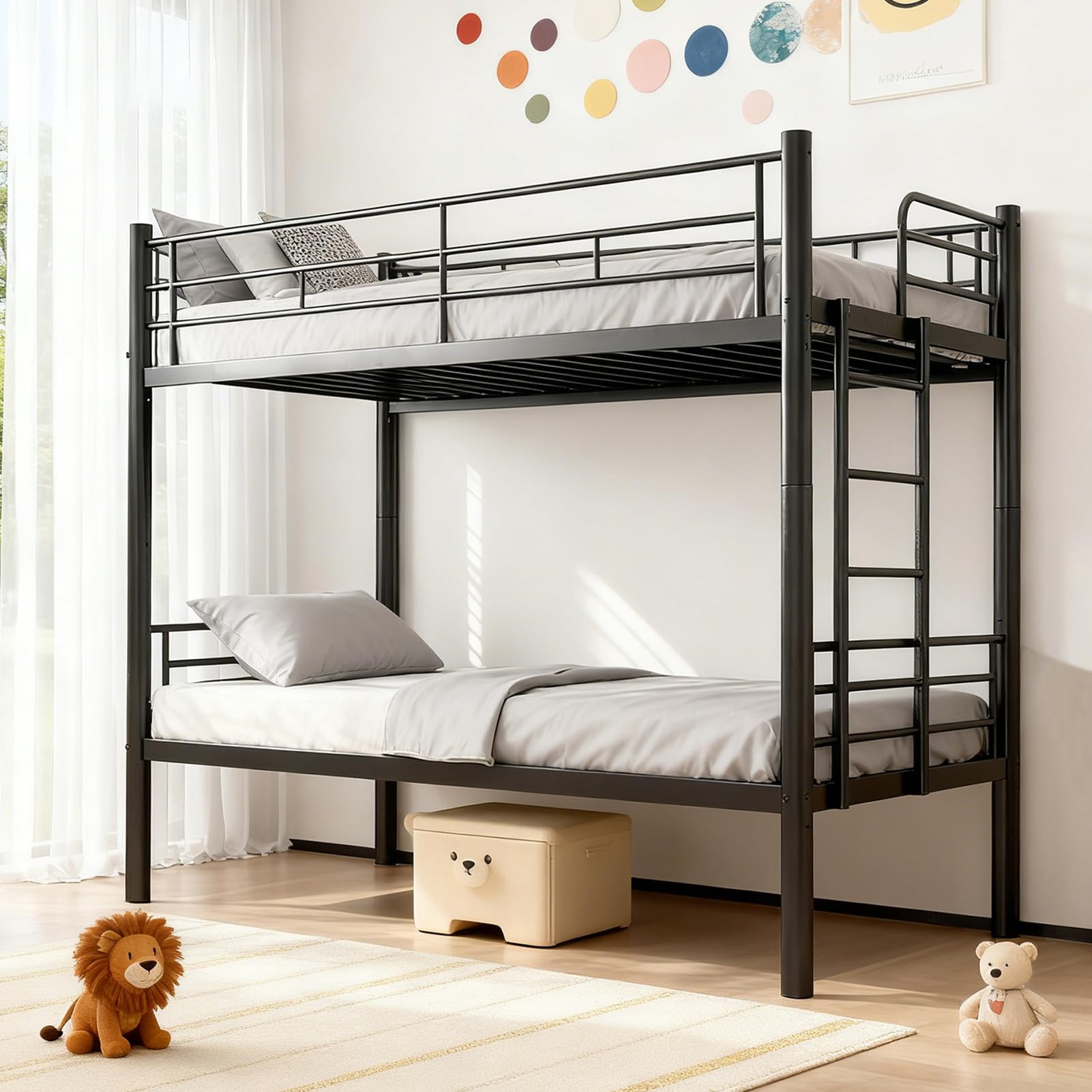 Letto a Castello per Adulti 90 X 200 cm, Letti a Castello Metallo Convertibile in 2 Letti Singoli, Letto a Castello per Bambini con Sicurezza Parapetto & Scala Antiscivolo, Stabile e Durevole (Nero)