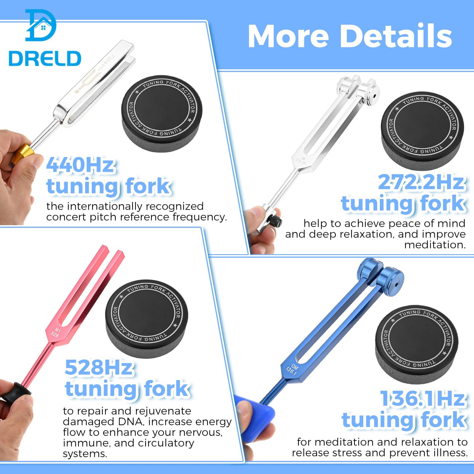 DRELD Kit de tenedores de afinación A440hz MI528 0M272.2 OM136.1, instrumento de curación colorido para terapia de sonido de chakras con martillo, bolsa de almacenamiento, activador de horquilla de