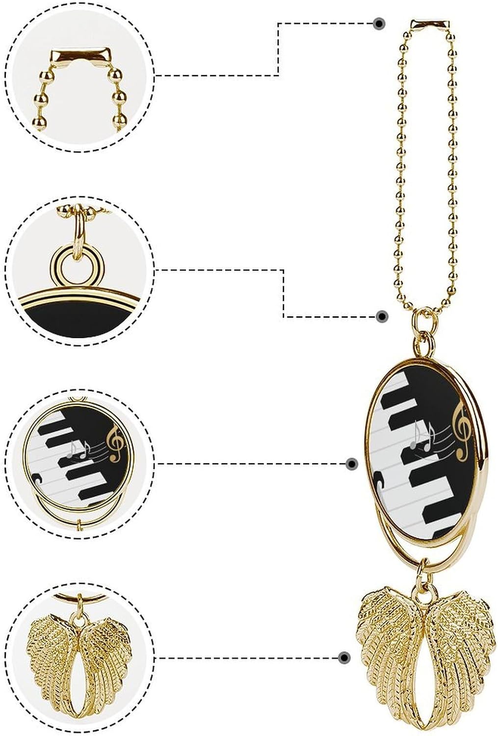 Cute Angel Wings Car Mirror Hanging - Black White Music Rear View Mirror Pendant Decor, Personalized Auto Accessories with Chain for Car Interior Decorations, Keychain Ornament Gift image 3
