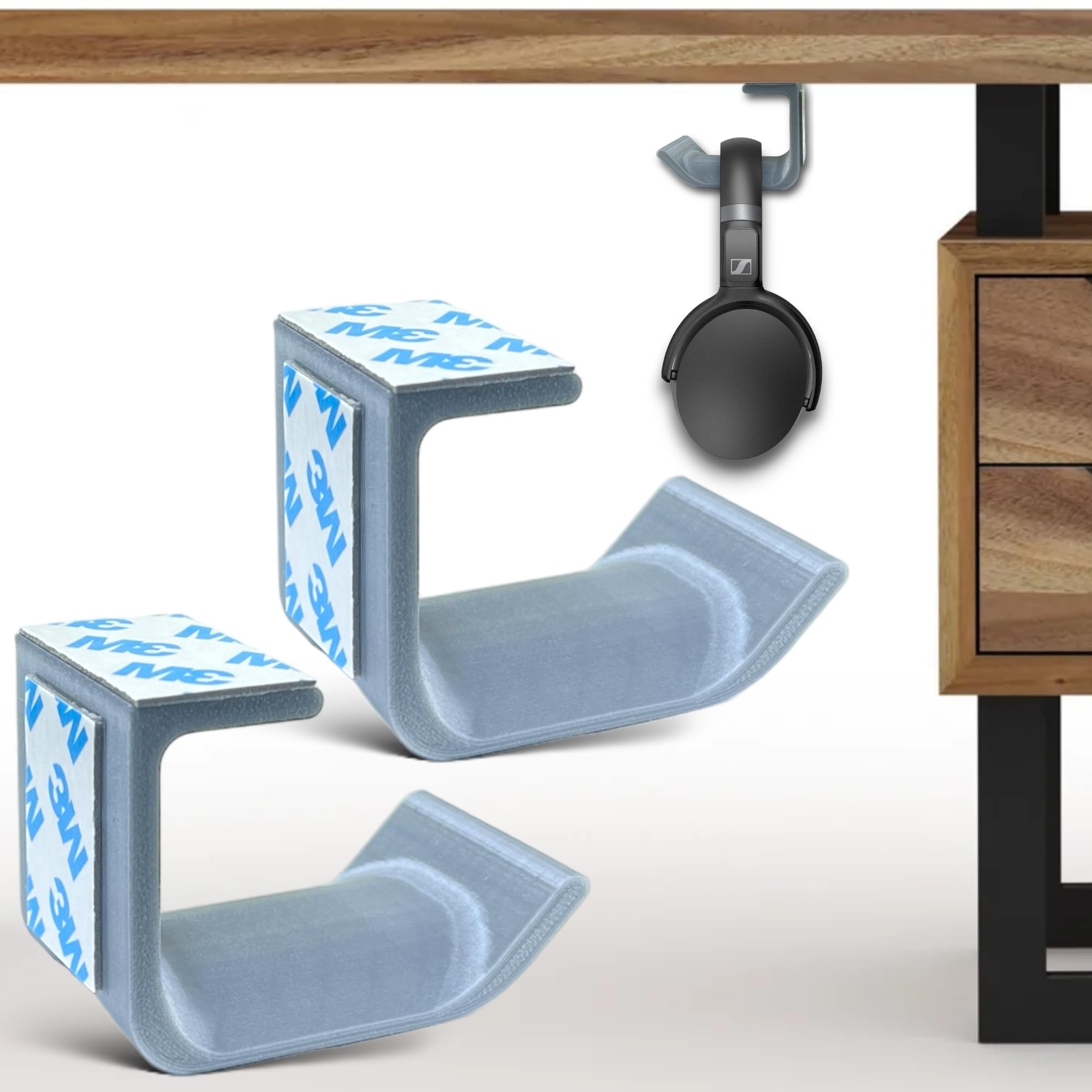 SRS Under Desk Table & Wall Mount (2 IN 1) Headphone Stand Holder Easy-To-Use | Modern | Compact | Study Design For All Professional | Corporate | Gaming Headsets Stick-ON Adhesive (Pack Of 2, Silver)-image-32