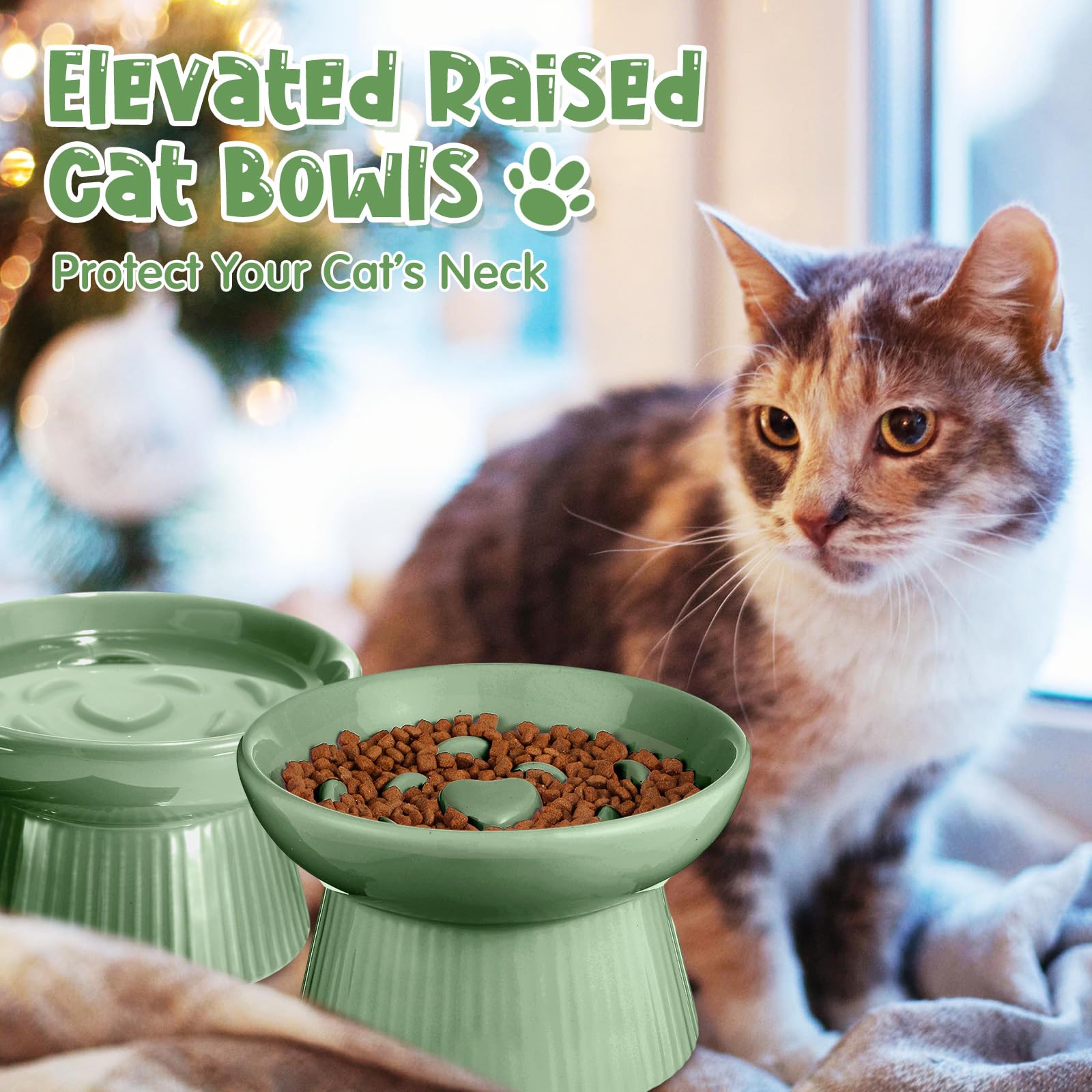 Tioncy Lot de 2 gamelles surélevées en céramique pour chat - Gamelles surélevées pour nourriture sèche et humide - Facile à nettoyer - Bord haut pour chats et petits chiens - Passe au lave-vaisselle -