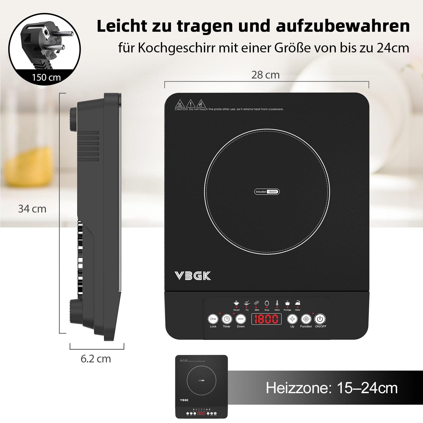 VBGK Induktionskochfeld 1 Platten,1800W Tragbares Induktionskochplatte, 220V Kochfelder mit LCD-Touch, 8 Temperaturstufen, Kindersicherung,4-Stunden-Timer