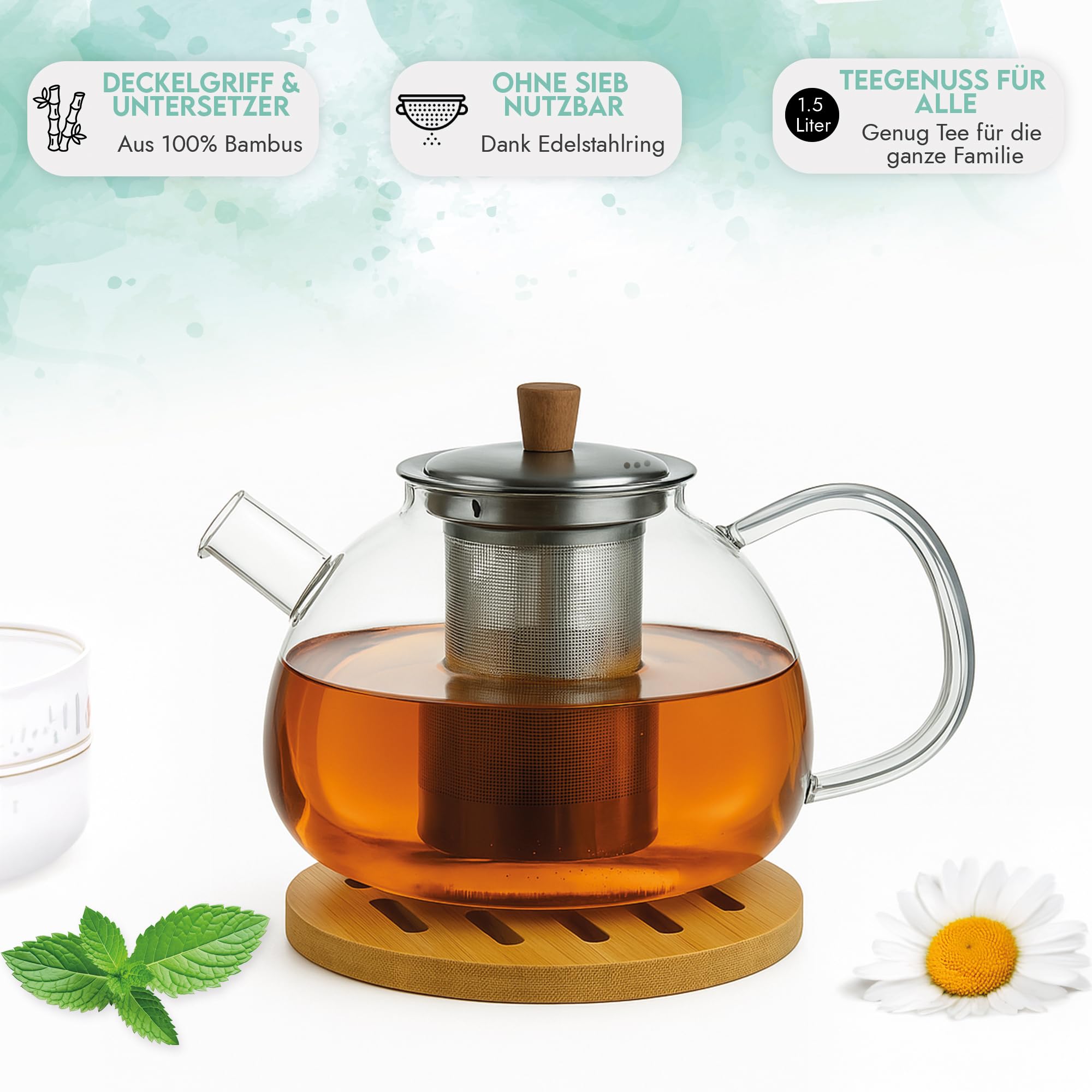 Teekanne aus Glas mit Edelstahl-Sieb Unterteller Dobin – 1,5 Liter – Borosilikatglas & Bambus Unterteller – Tropffrei, Hitzebeständig, Spülmaschinenfest (Teekanne)