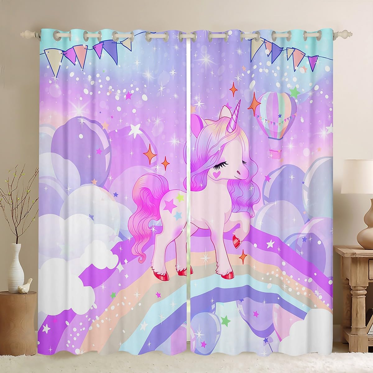 Loussiesd Unicorn Girls Window Curtains for Bedroom Living Room Cute Rainbow Unicorn Curtains Cartoon Window Drapes Treatments Kids Galaxy Stars Magical Purple Unicorn Animal Room Decor W46*L54