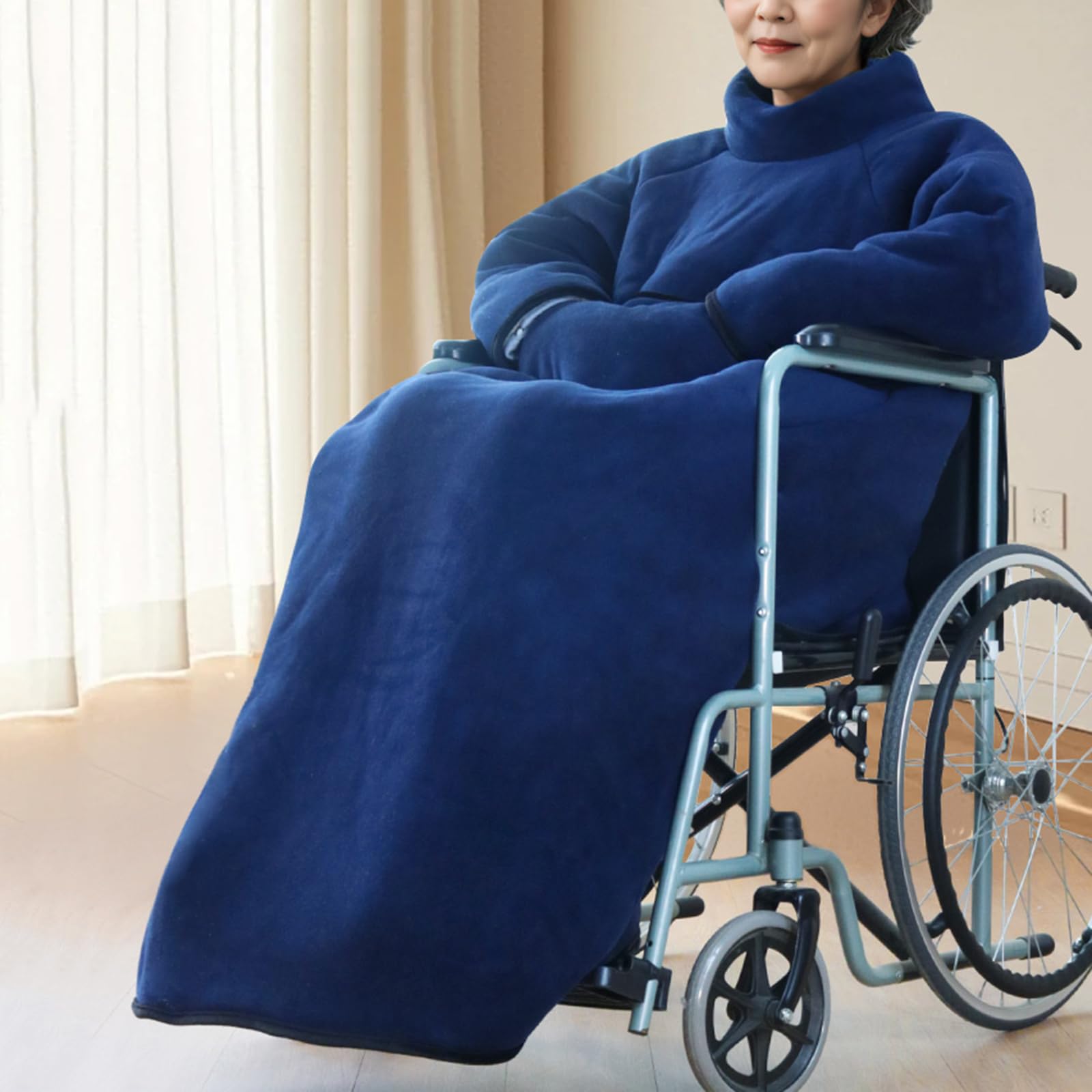 Koc na wózek inwalidzki, polarowy pokrowiec zimowy z odpinanym kapturem i kieszenią, trzy warstwy dla lepszego ciepła, idealny dla użytkowników domowych lub na wózkach inwalidzkich