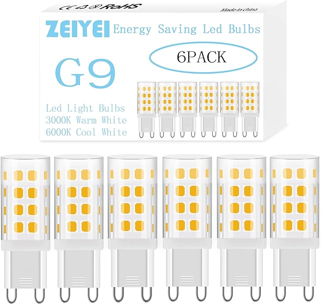 ZEIYEI G9 LED Light Bulbs, 5W, Warm White 3000K, 450LM, Equivalent to 40W G9 Halogen Bulb, Non Dimmable, AC 220V-240V for Lighting Decor, Chandelier Home and More 6-Pack