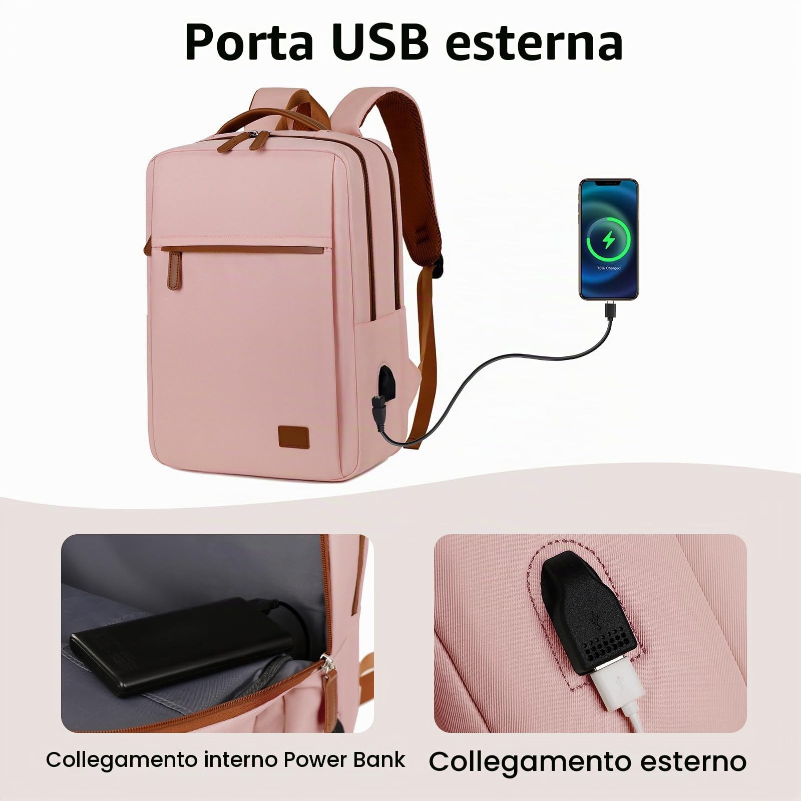 15.6" Zaino Porta PC Uomo Donna, Zaino Computer Laptop Impermeabile, Zainetto da Viaggio Multitasche, Zainetto Lavoro Ufficio per Università, Rosa