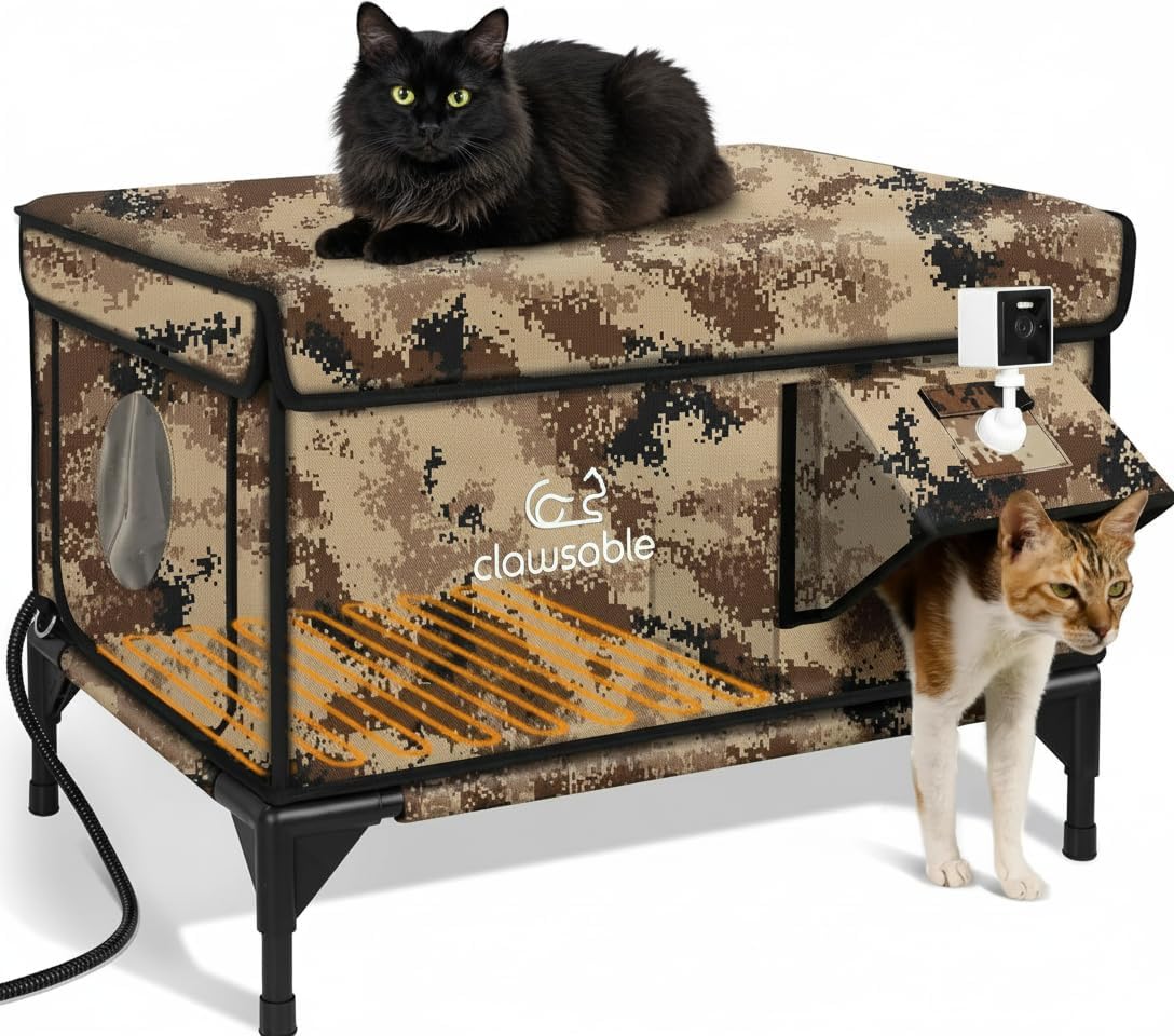 Indestructible Heated Cat House with Pet Camera for Outside Winter, 100% Waterproof, Escape Door, Insulated Outdoor Cat Shelter with Heater for Feral Barn Cat Kitty (Forest Green, 25.5"x16"x18")