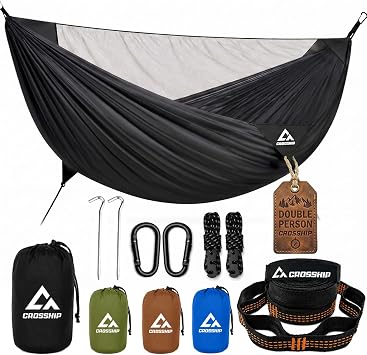 2 Adults Camping Hammock with Mosquito Net | Portable, 500 lbs Hammock, 2-in-1 Double Camping Hammock, with Tree Straps, Guy Lines & Stakes, Hiking, Backpacking, Black