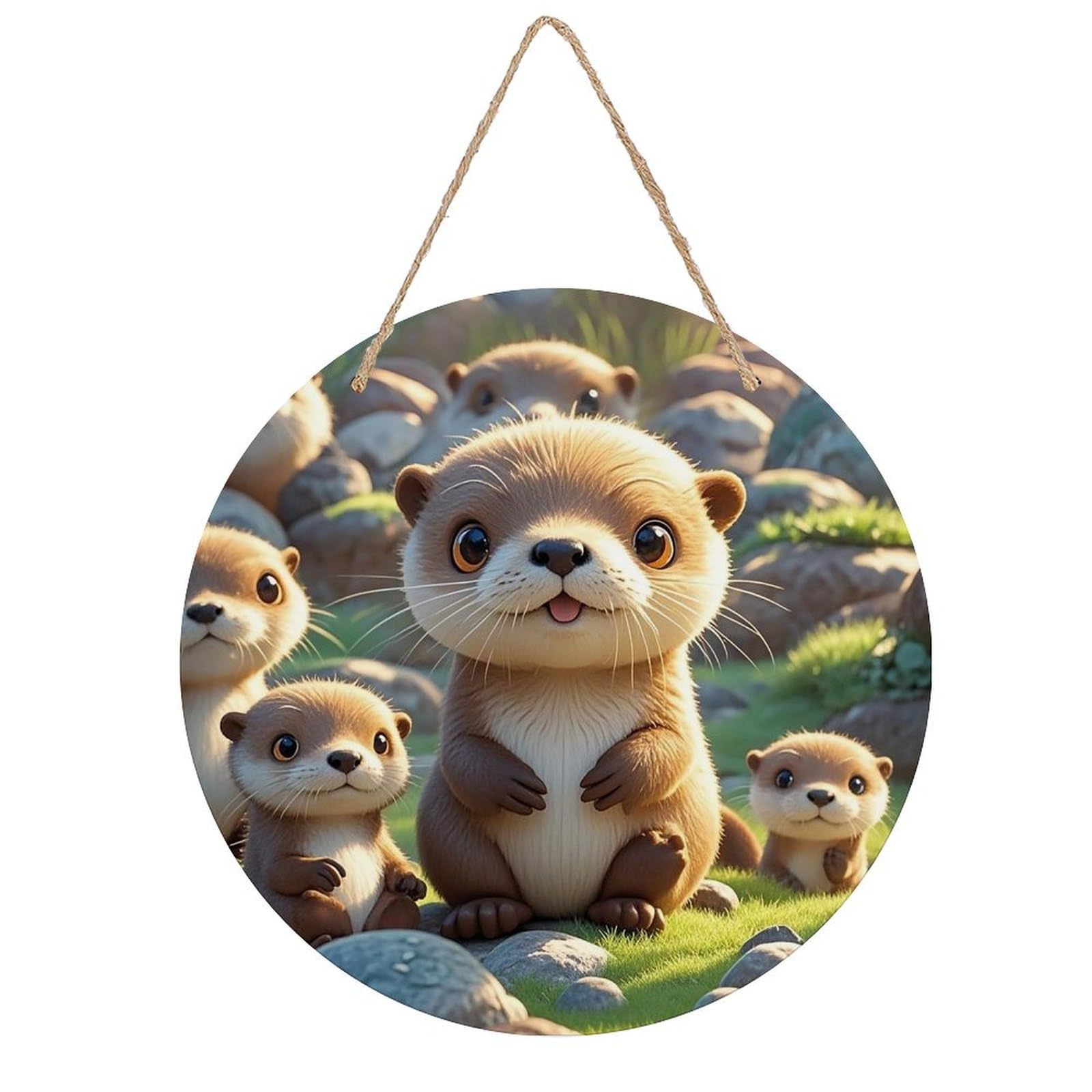 FekiLoot Cartoon Brown Otters Wall Art Decor Rustic Welcome Sign Round Wood Hanging Sign Decoration Wood Plaque Door Hanger Wooden Signs Wall Hanging Decor Housewarming Gift for Home Outdoor Indoor