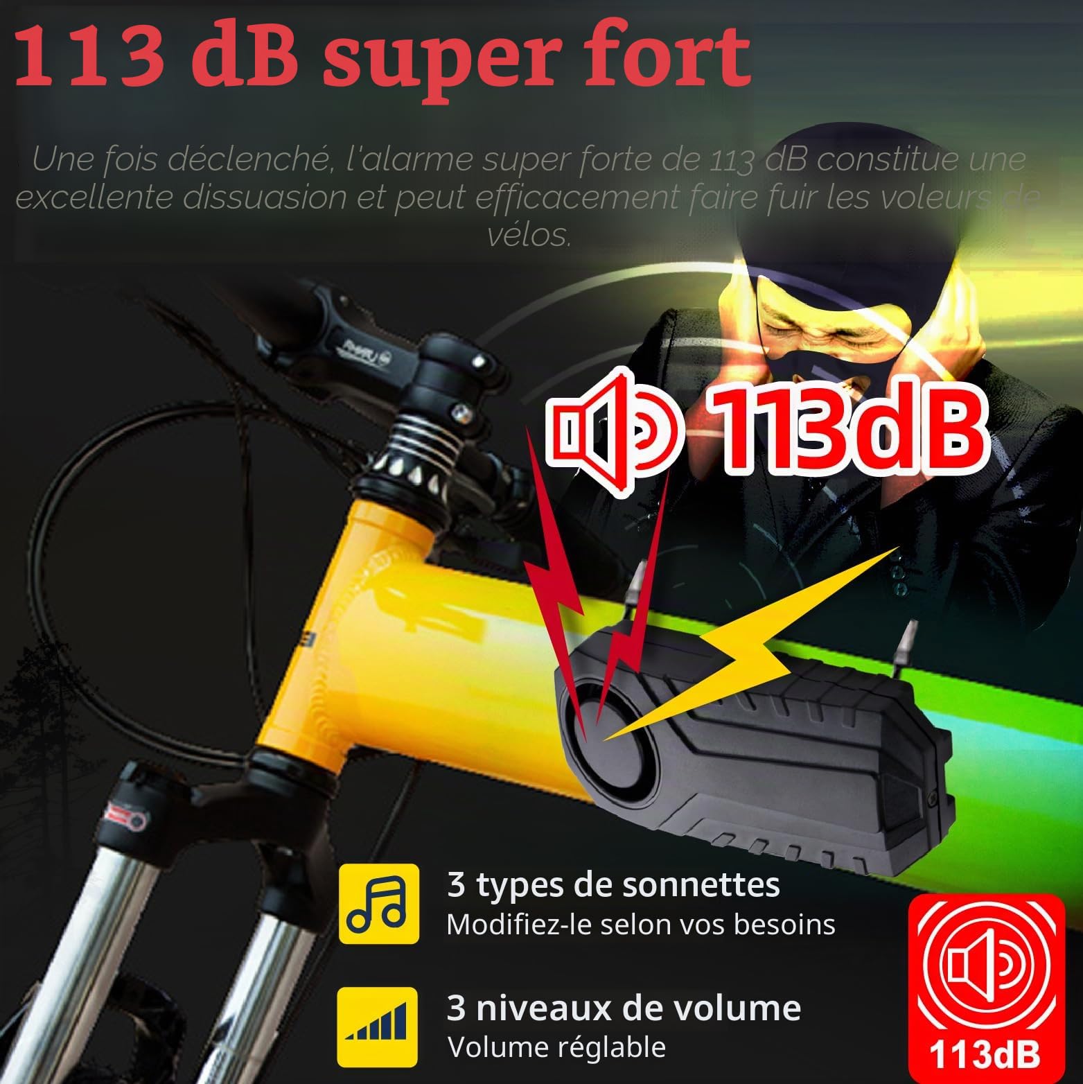 Mengshen Alarme de vélo puissante 113 dB sans fil avec détecteur de mouvement et vibration, étanche, système d'alarme de sécurité à distance pour véhicules (4 capteurs)