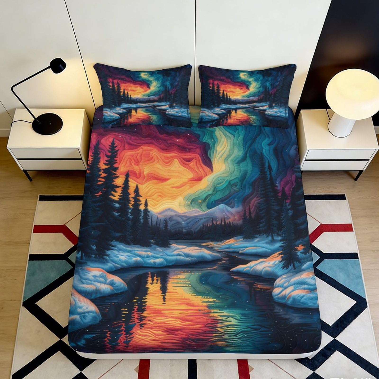 3D Printed Aurora Forest Fitted Sheet Microfiber Soft Breathable Sunset River Mattress Cover for Bedroom Dorm 180x200x25cm
