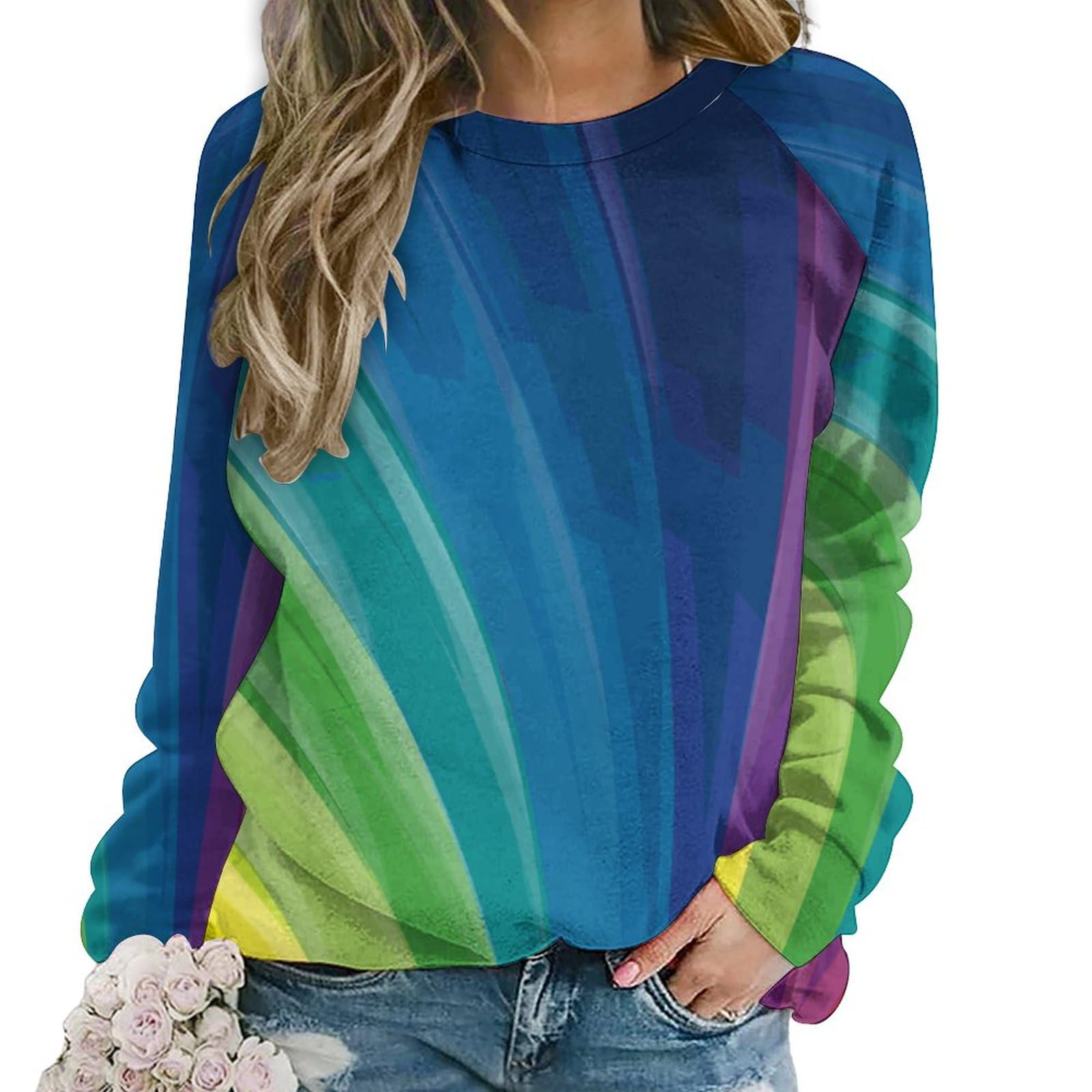 Qjjinxior Women's Colourful Rainbow Casual Jumper, Sweatshirts For Crewneck Long Sleeve Top