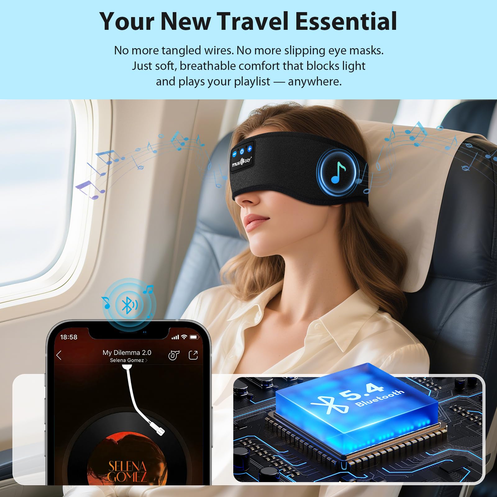 MUSICOZY Cuffie per dormire sul fianco, cuffie Bluetooth ultra morbide, comode senza pressione sull'orecchio, per dormire tutta la notte, rimangono in posizione, 16 ore di riproduzione, Bluetooth 5.4