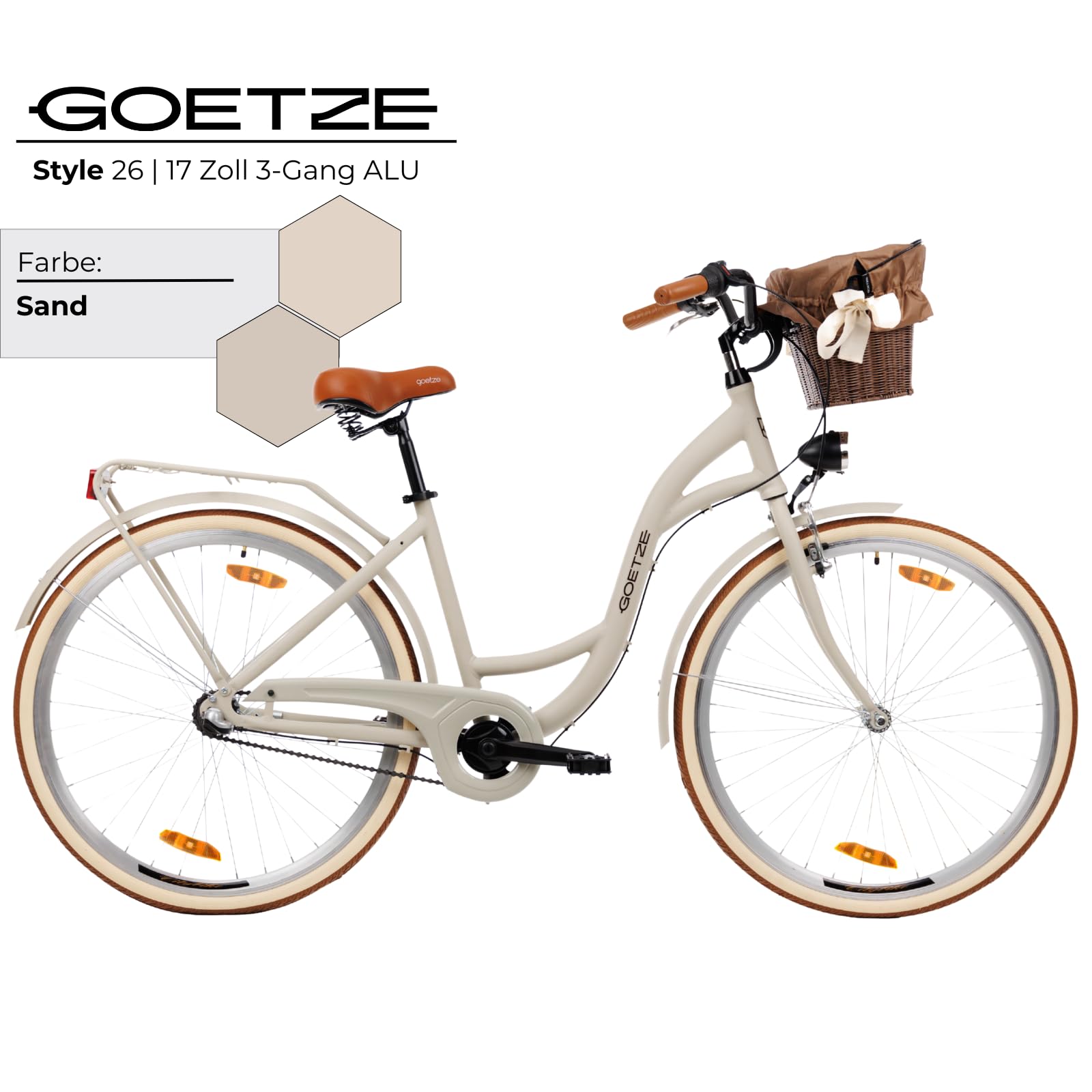 Goetze Style 28 Zoll Damen Citybike, 18 Zoll Tiefeinsteiger Aluminiumrahmen, 3-Gang Nabenschaltung, Rücktrittbremse, V-Bremse, LED-Beleuchtung, Rattankorb, Komfortsattel, mit Ständer & Klingel