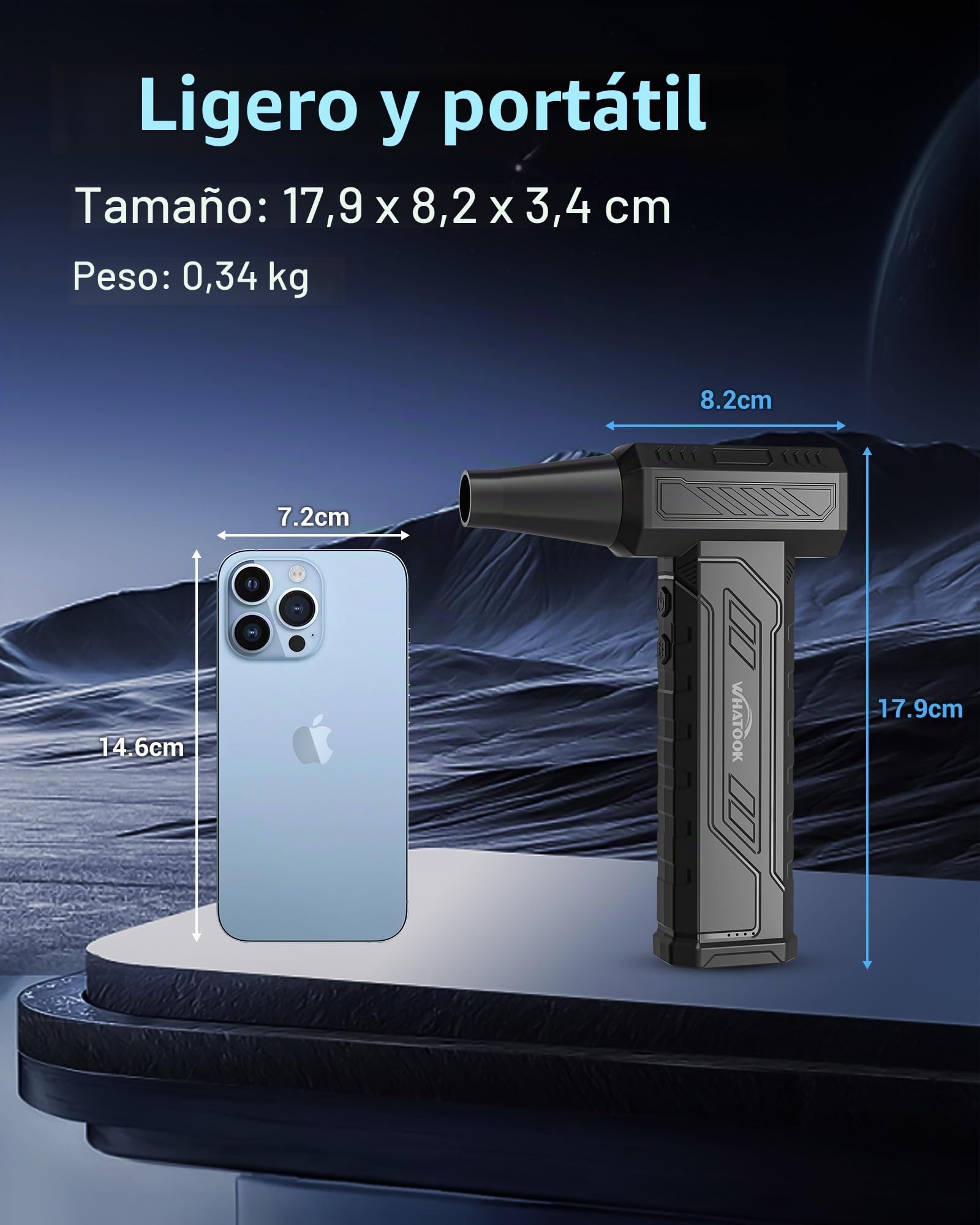 WHATOOK Soplador de Aire Eléctrico Potente, 4 Velocidades 250000 RPM Aire Comprimido Limpieza PC Air Duster con 8000mAh Bateríay Luz LED, USB-C Recargable Mini Compressed Air para PC, Teclado, Coche