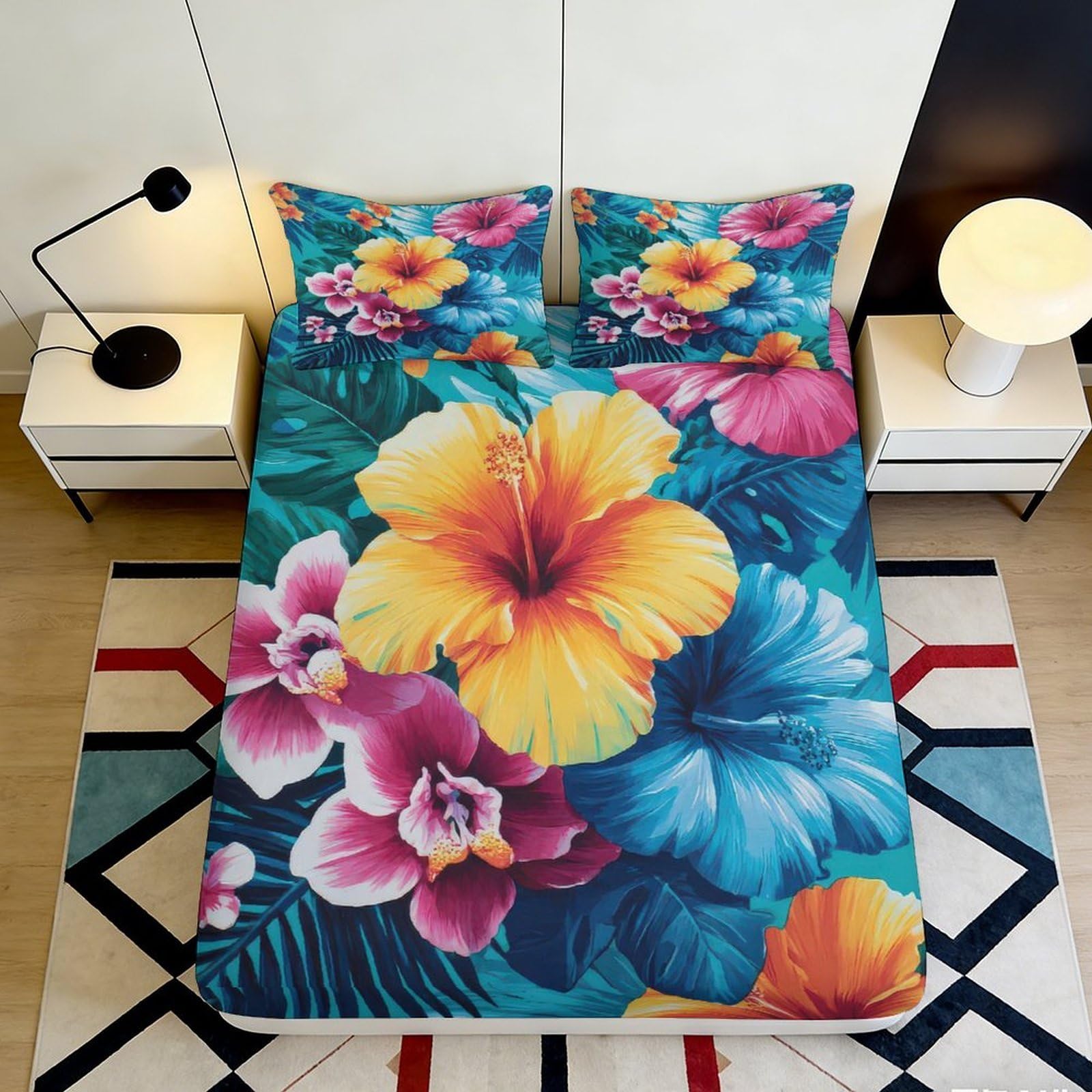 3D Printed Tropical Hibiscus Fitted Sheet Microfiber Soft Floral Orchid Mattress Cover for Bedroom Dorm Decoration 90x200x25cm