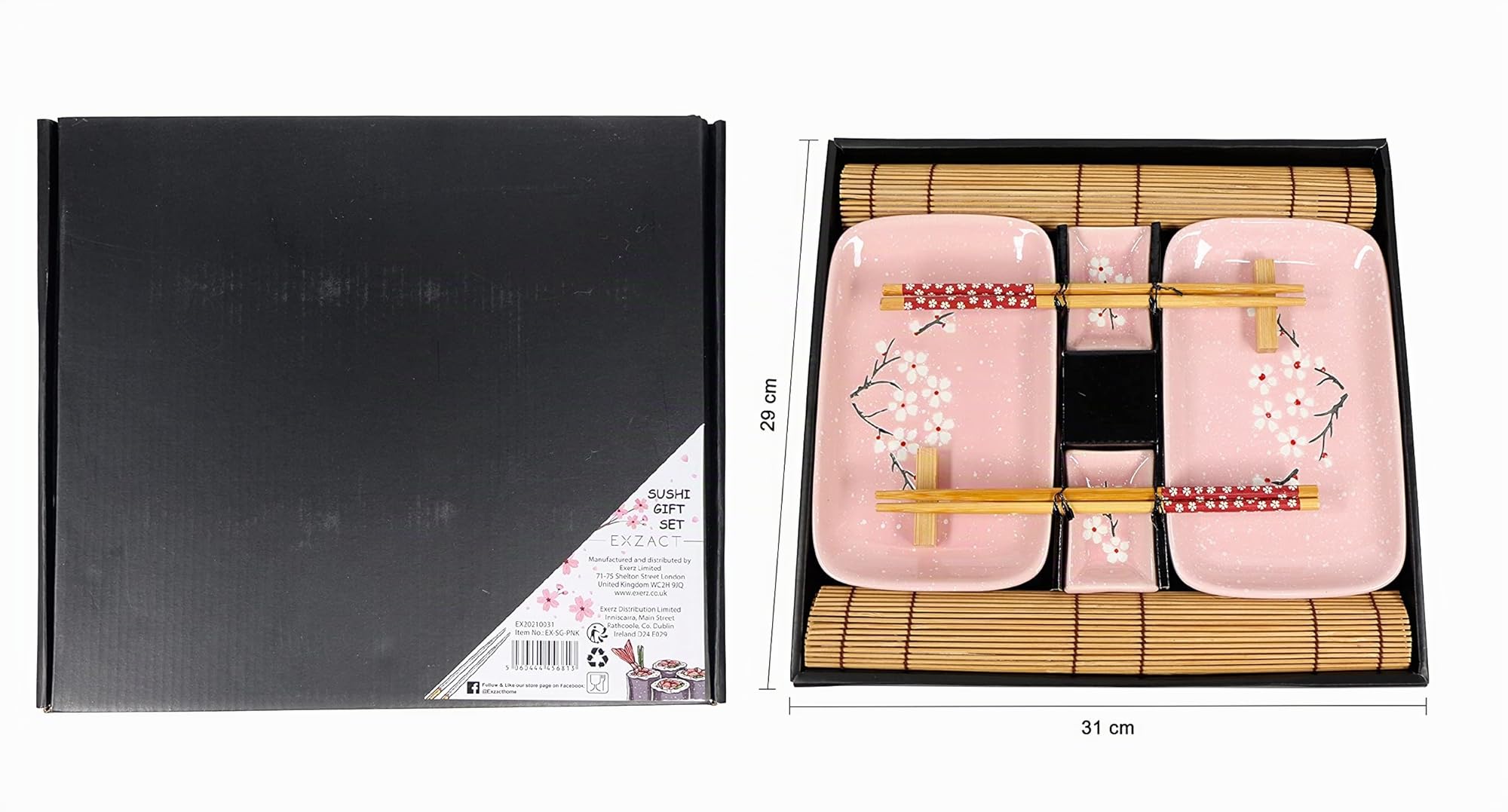 Exzact 10-teiliges Sushi-Set – 2 x Sushi-Teller, 2 x Dip-Schalen, 2 x Bambus-Tischsets, 2 x Bambus-Essstäbchen, 2 Paar Essstäbchen – hochwertiges Porzellan