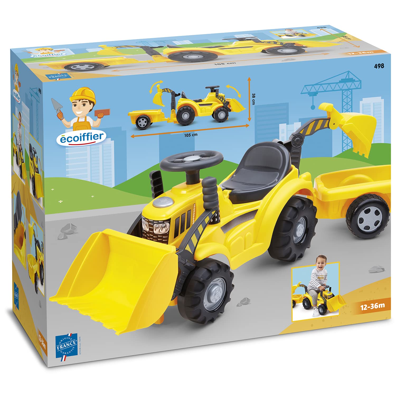 Jouets Ecoiffier - 498 - Porteur Tracto Pelle avec remorque -Jeu de Plein air pour Enfants - 12-36 Mois - Origine France Garantie