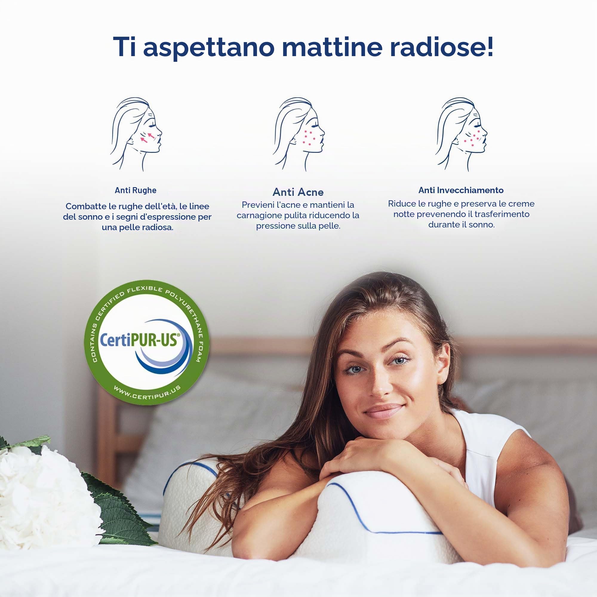 Cuscino Contro le Rughe | Anti Acne | Guanciale Ortopedico Antietà | Posizione Corretta del Collo e Della Schiena | Premium Memory Foam | con Copertura Extra in Bambù