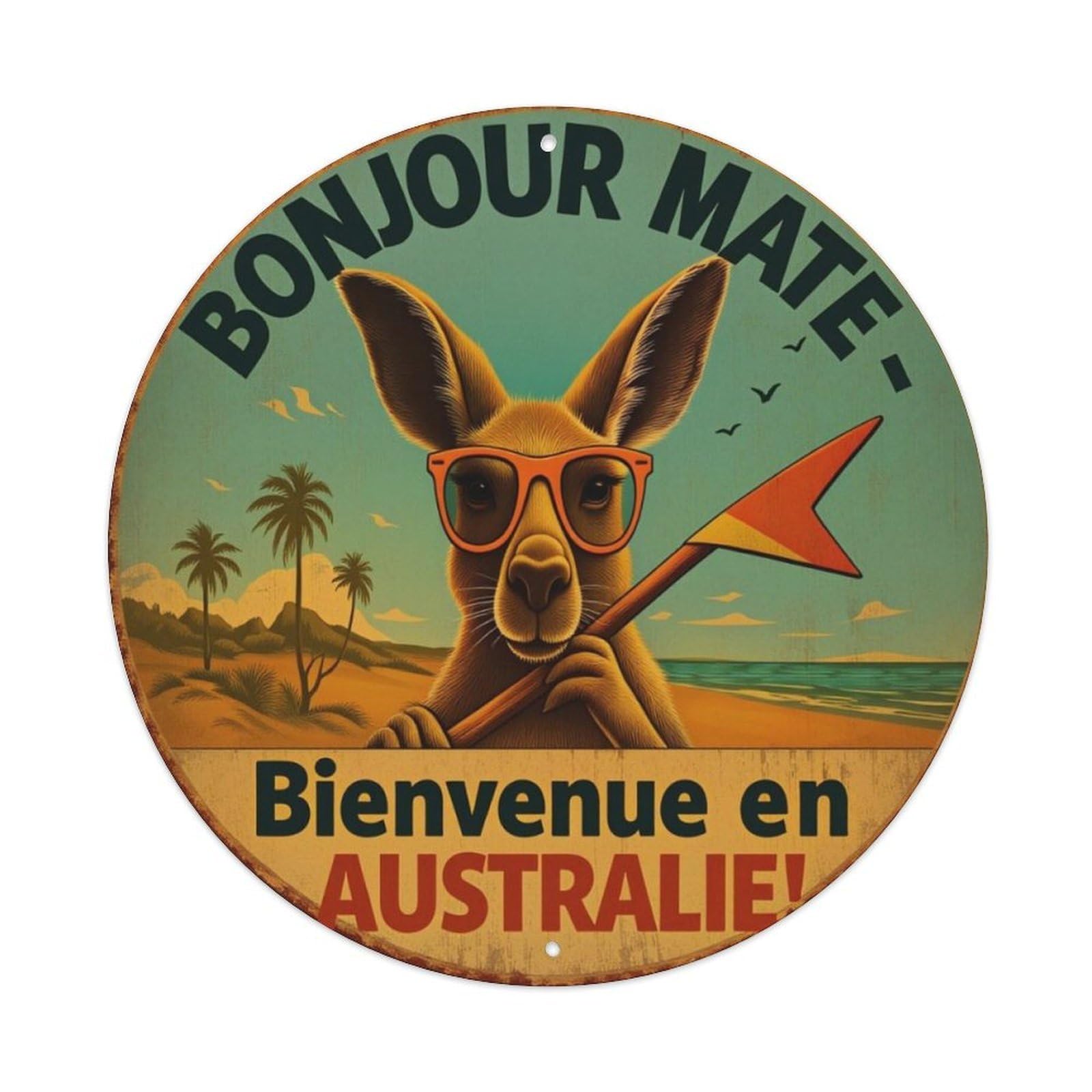 Australia Beach Kangaroo Vintage Round Decor Sign Vintage Aluminium Metal Sign, Retro Wall Decor for Home, Bar, Garage & Farmhouse 20x20cm