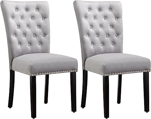 Parsons - Juego de 2 sillas de comedor de terciopelo para cocina, tapizadas, sillas decorativas de madera con ribete clavado, color gris