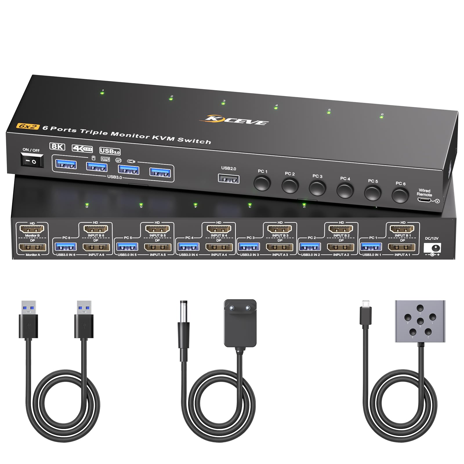 KVM Switch 2 monitory, 6 komputerów HDMI + DisplayPort, 8K 30 Hz / 4K 144 Hz Dual Monitor KVM przełącznik do 6 komputerów, 2 wyświetlacze i urządzenia USB 3.0