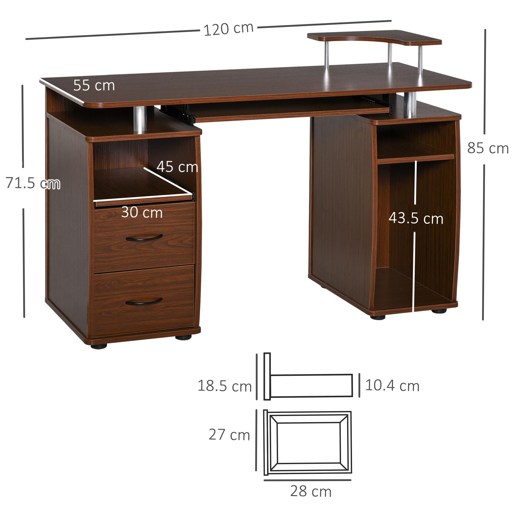 Scrivania In Legno Con Cassetti E Libreria, Postazione L Compatta 120x45x165 Cm, Bianca E Moderna Per Casa E Ufficio
