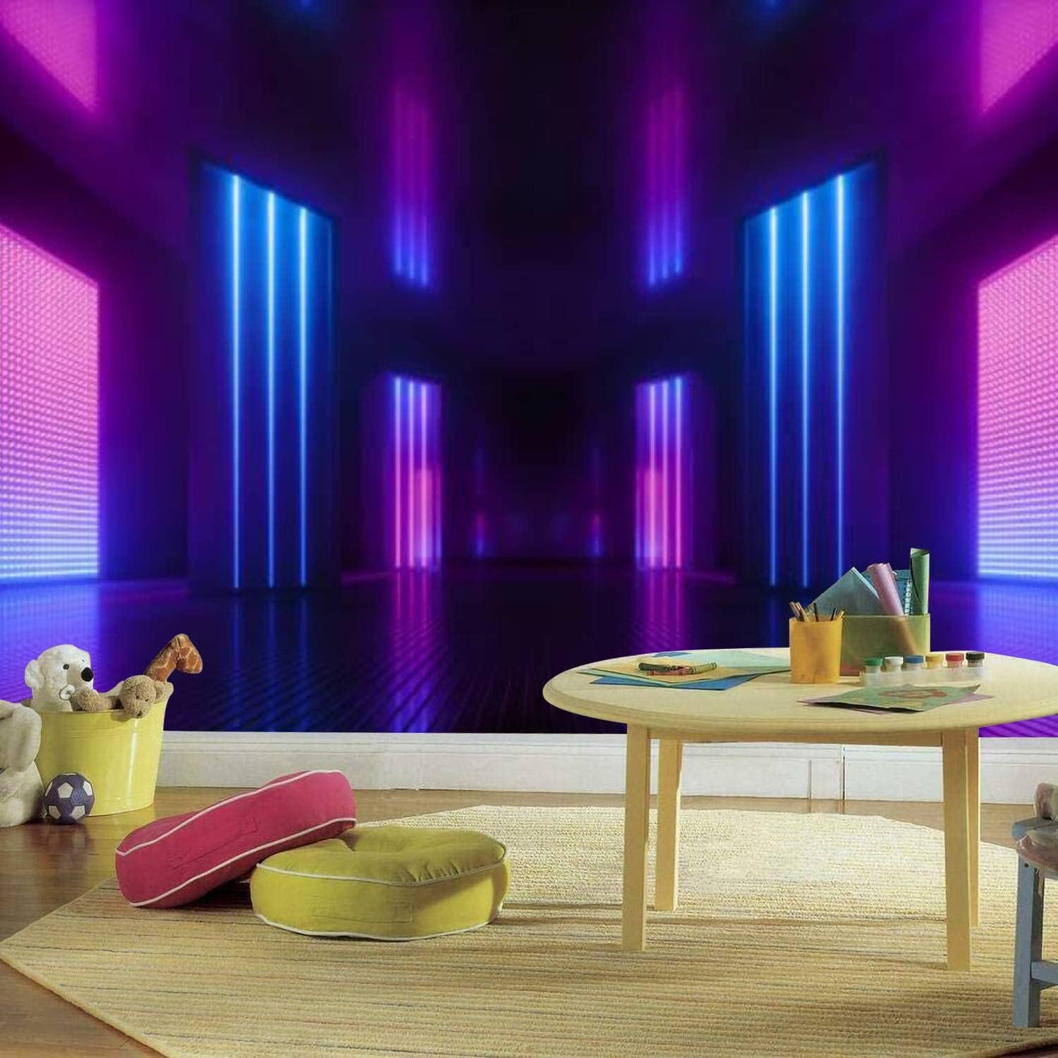 Modern Wall Murals 3D 3D Render Blue Pink Violet neon Abstract Light Night Club Empty Room Peel and Stick Wallpaper Removable Self-Adhesive PVC Wall Stickers for Living Room Bedroom Wall Decor