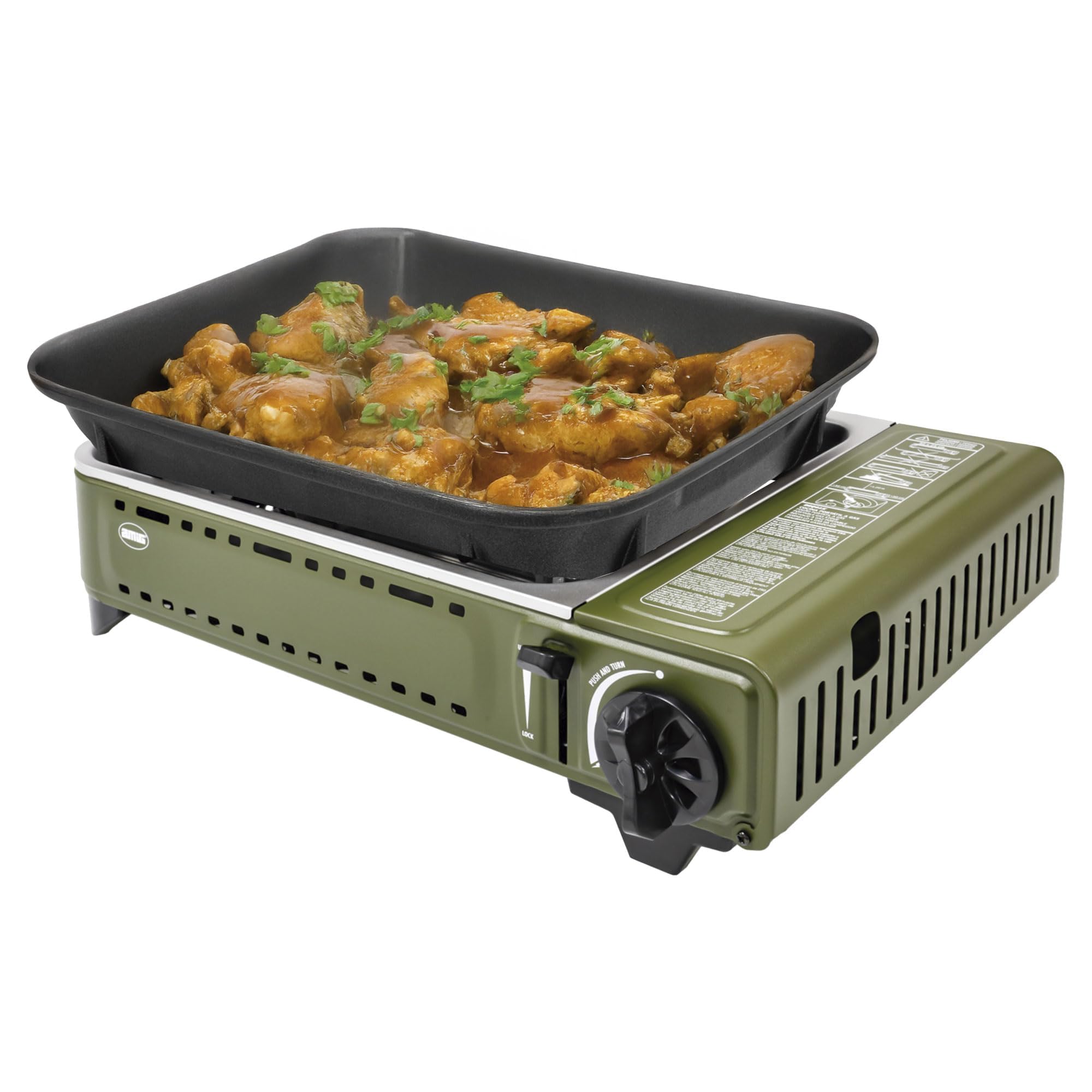 Amig - Cucina a gas da campeggio BBQK01- Kit fornello grill portatile - Griglia in alluminio pressofuso + piastra con coperchio di cottura - Vaschetta raccogli grasso - 1,8 kW - Cartucce B-250