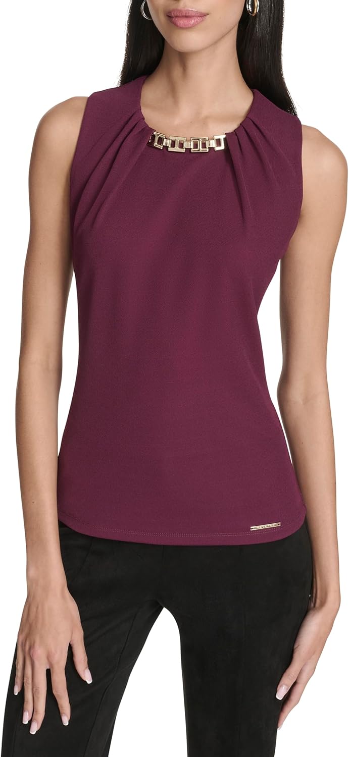 Halston Women's Sleeveless Round Neck Hardware Detail Shirt